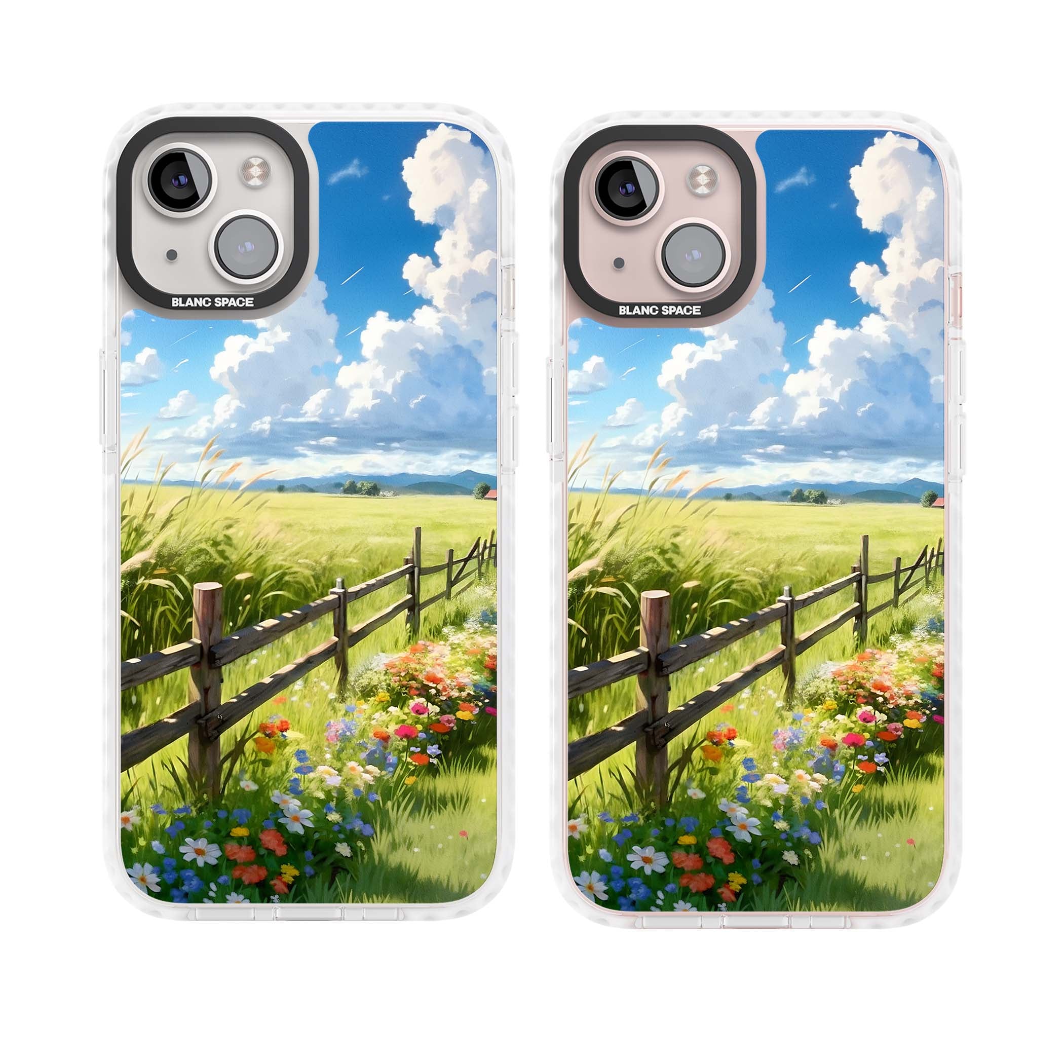 A Countryside Afternoon cottagecore iPhone case featuring a painted countryside meadow, wooden fence, and wildflowers beneath | Clear Impact case for iPhone 13, iPhone 14, iPhone 15