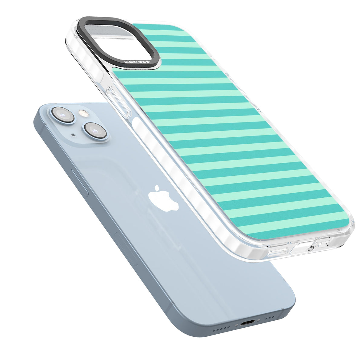 Turquoise Stripe preppy iPhone case featuring horizontal teal and mint green stripes on a black protective frame iPhone 12 / 12 Pro / iPhone 12 / iPhone 12 Pro / iPhone 13 / iPhone 14 / iPhone 14 Plus / iPhone 15 / iPhone 15 Plus Impact Clear Phone Case angled