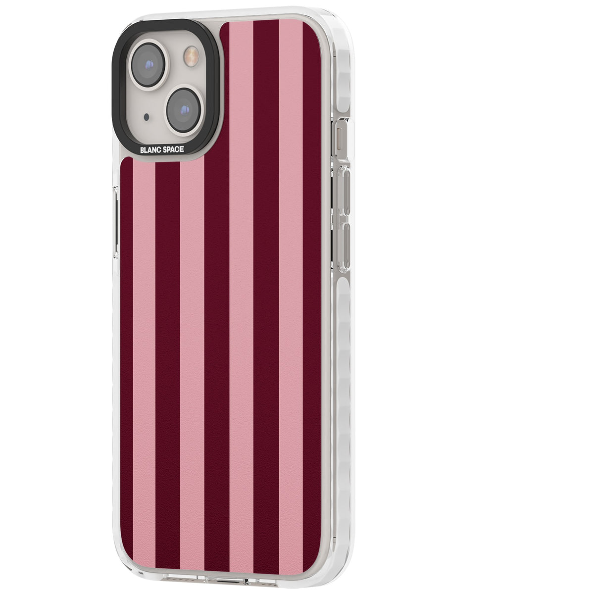 Bordeaux Belle preppy iPhone case featuring bold vertical stripes in burgundy and soft blush pink iPhone 12 / 12 Pro / iPhone 12 / iPhone 12 Pro / iPhone 13 / iPhone 14 / iPhone 14 Plus / iPhone 15 / iPhone 15 Plus Impact Clear Phone Case side