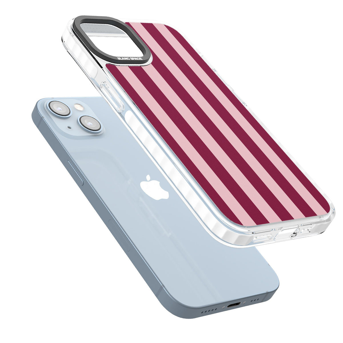 Bordeaux Belle preppy iPhone case featuring bold vertical stripes in burgundy and soft blush pink iPhone 12 / 12 Pro / iPhone 12 / iPhone 12 Pro / iPhone 13 / iPhone 14 / iPhone 14 Plus / iPhone 15 / iPhone 15 Plus Impact Clear Phone Case angled