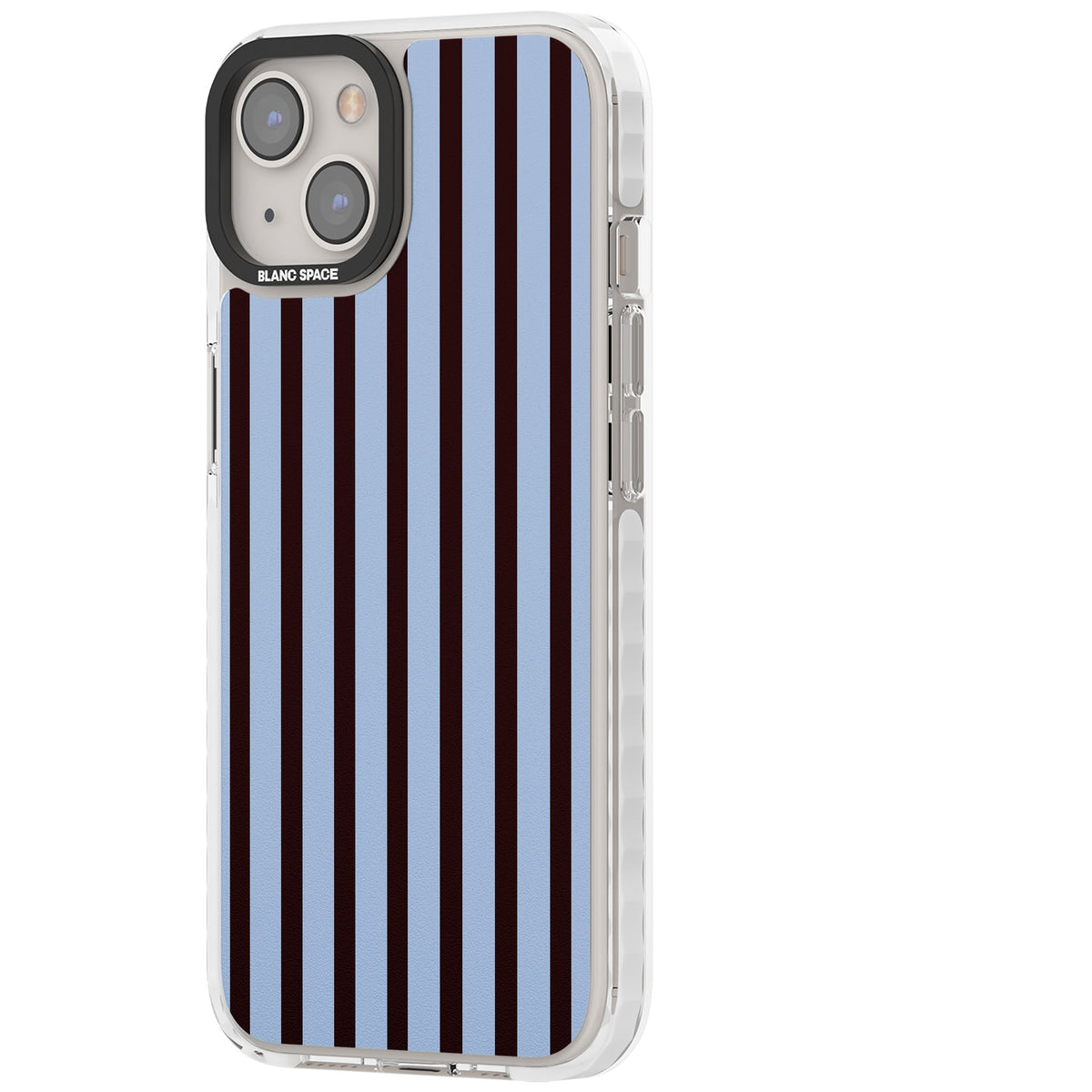Blackcurrant Stripe preppy iPhone case featuring vertical burgundy and light blue stripes in a classic pinstripe layout iPhone 12 / 12 Pro / iPhone 12 / iPhone 12 Pro / iPhone 13 / iPhone 14 / iPhone 14 Plus / iPhone 15 / iPhone 15 Plus Impact Clear Phone Case side