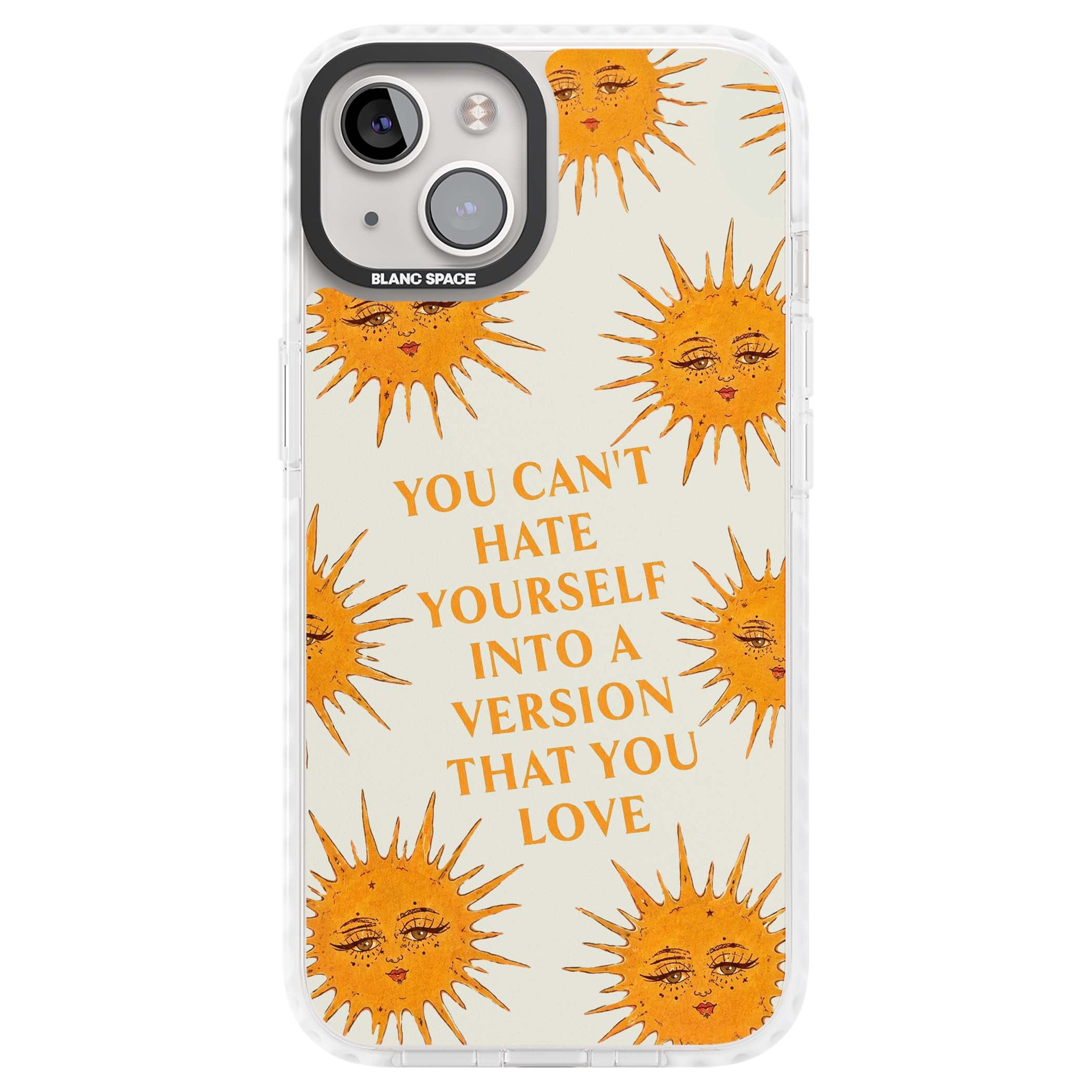 Don't Hate Yourself celestial iPhone case featuring vintage sun faces, ochre rays and a self-love quote | Clear Impact case for iPhone 13, iPhone 14, iPhone 15