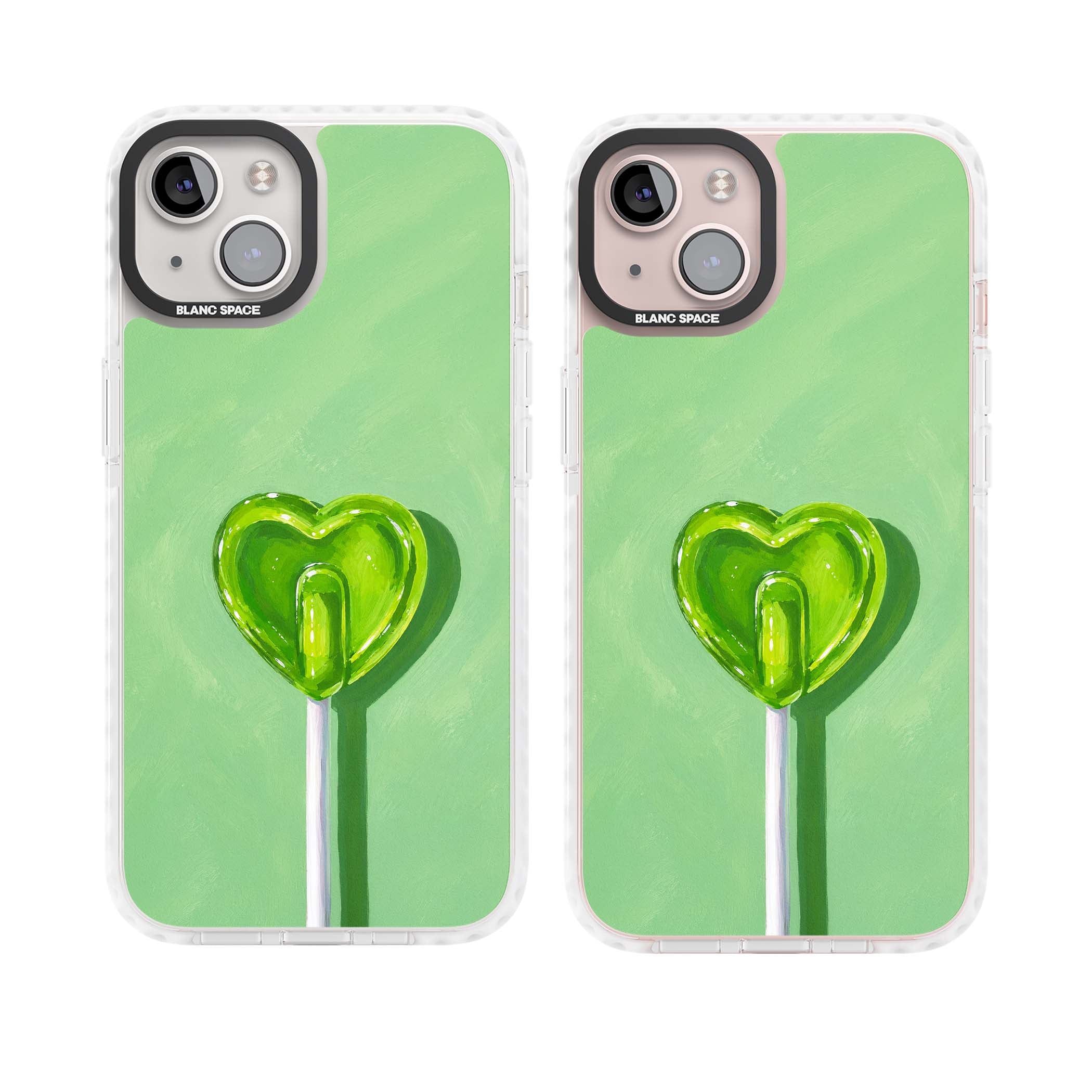 Green Lollipop candy art iPhone case featuring a glossy green heart-shaped lollipop on a painted pastel green background | Clear Impact case for iPhone 13, iPhone 14, iPhone 15