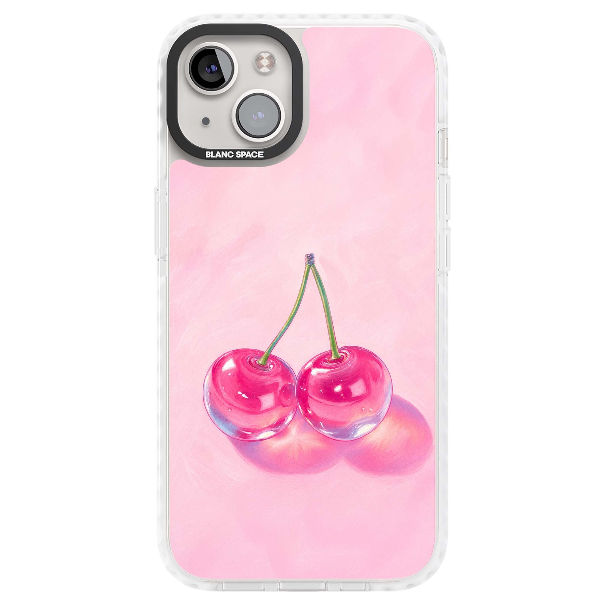 Pink Glass Cherry coquette iPhone case featuring two glossy painted cherries on a soft pink background | Clear Impact case for iPhone 13, iPhone 14, iPhone 15