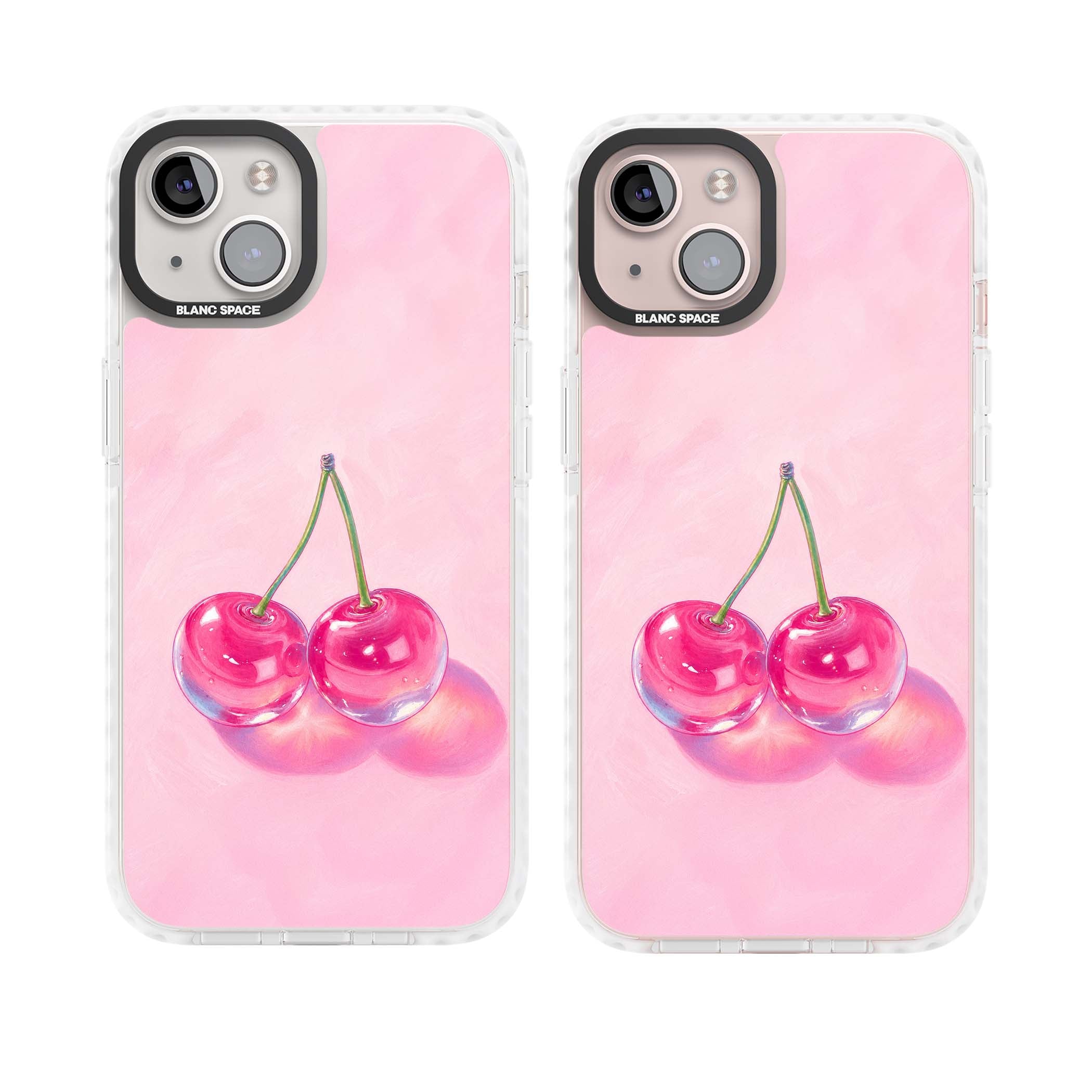 Pink Glass Cherry coquette iPhone case featuring two glossy painted cherries on a soft pink background | Clear Impact case for iPhone 13, iPhone 14, iPhone 15