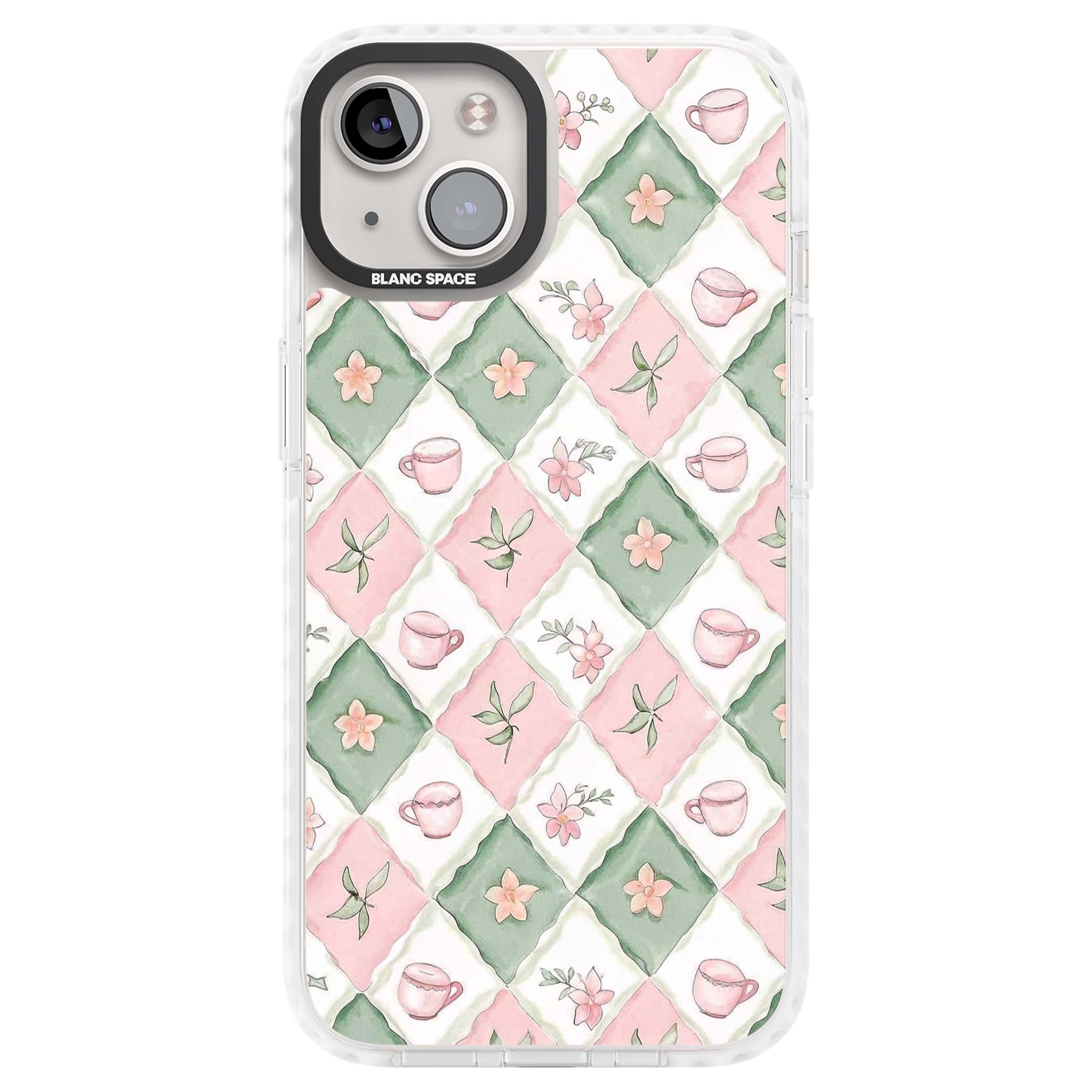 Garden Tea Party coquette iPhone case with pink and green checkered pattern, watercolour teacups and wildflowers | Clear Impact case for iPhone 13, iPhone 14, iPhone 15