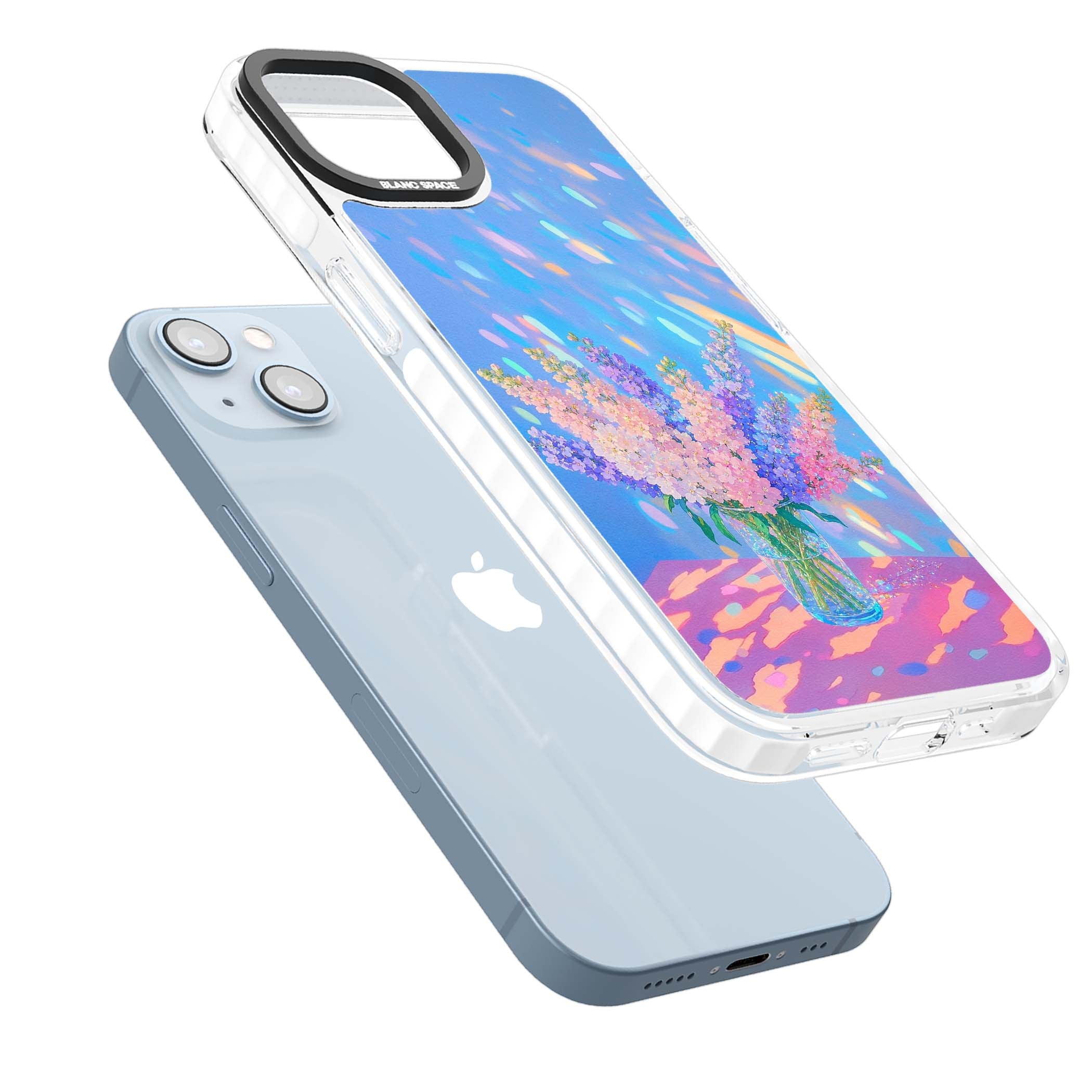 Bubblegum Flowers floral iPhone case featuring pastel lilac and pink bouquet in a glass vase with iridescent light | Clear Impact case for iPhone 13, iPhone 14, iPhone 15