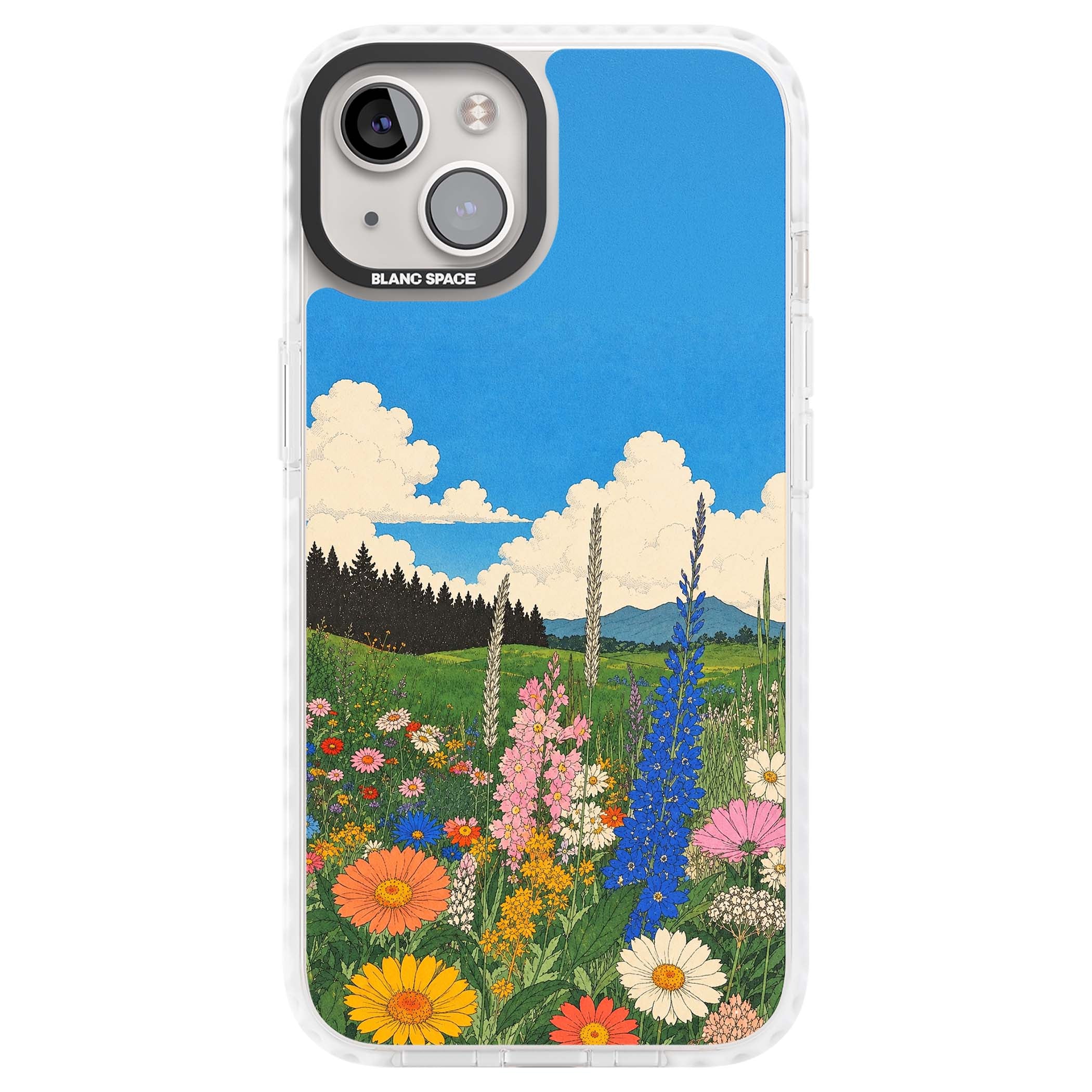 Wildbloom wildflower iPhone case featuring a vintage Japanese-style meadow landscape with daisies, delphiniums and moun | Clear Impact case for iPhone 13, iPhone 14, iPhone 15