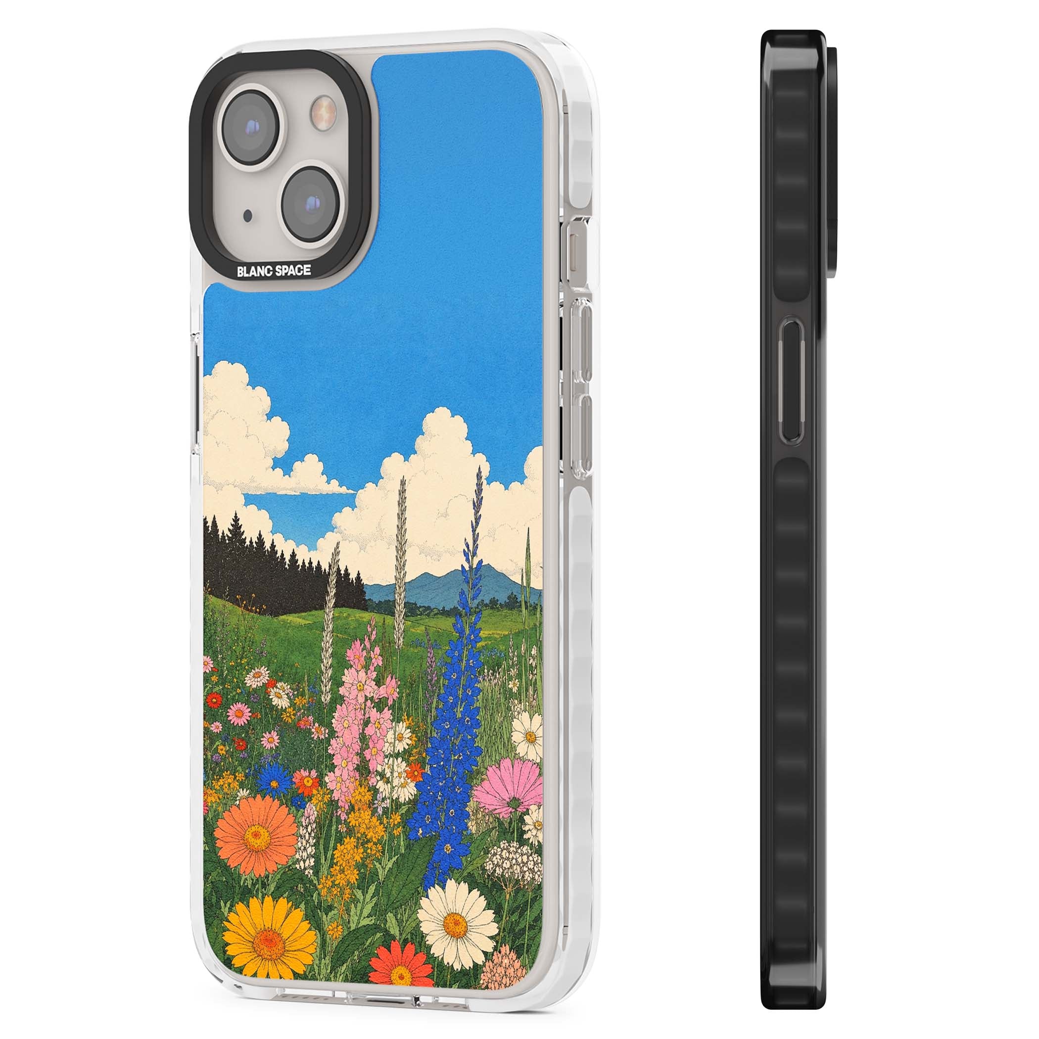Wildbloom wildflower iPhone case featuring a vintage Japanese-style meadow landscape with daisies, delphiniums and moun | Clear Impact case for iPhone 13, iPhone 14, iPhone 15