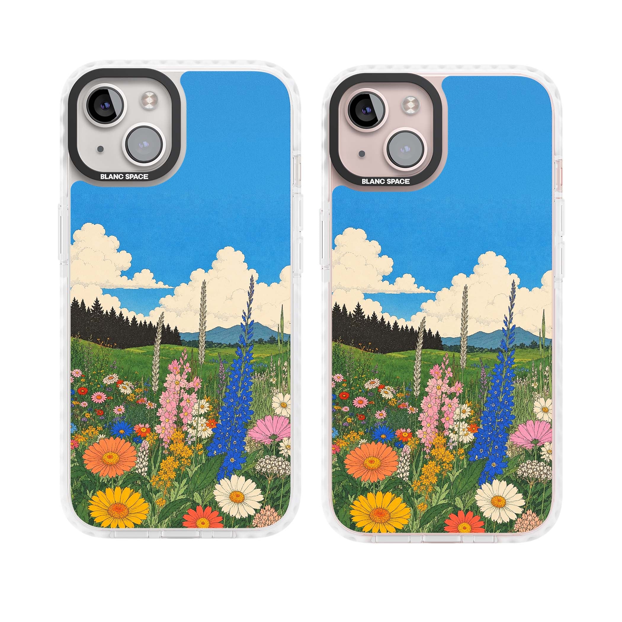 Wildbloom wildflower iPhone case featuring a vintage Japanese-style meadow landscape with daisies, delphiniums and moun | Clear Impact case for iPhone 13, iPhone 14, iPhone 15