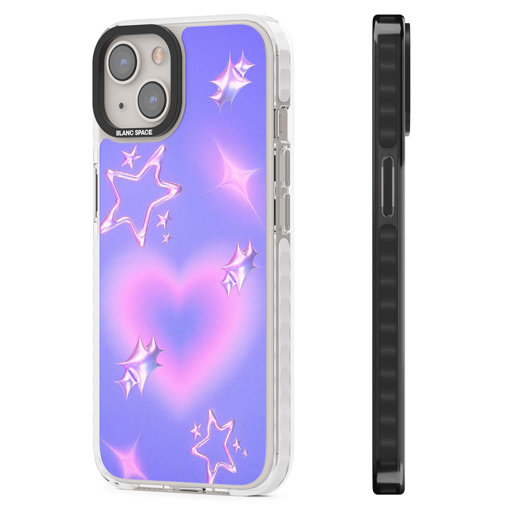 Soft Sugar Y2K iPhone case featuring iridescent chrome hearts, metallic pink stars and a lavender gradient sky | Clear Impact case for iPhone 13, iPhone 14, iPhone 15