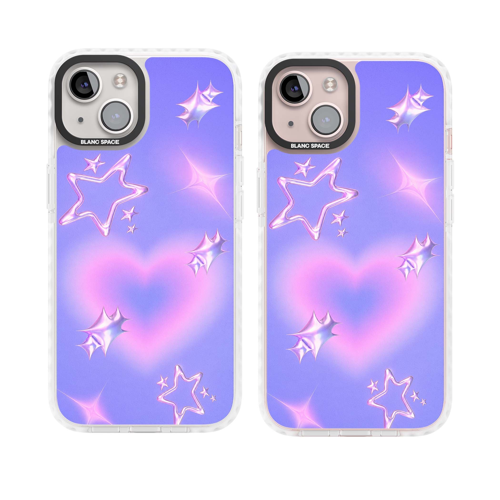 Soft Sugar Y2K iPhone case featuring iridescent chrome hearts, metallic pink stars and a lavender gradient sky | Clear Impact case for iPhone 13, iPhone 14, iPhone 15