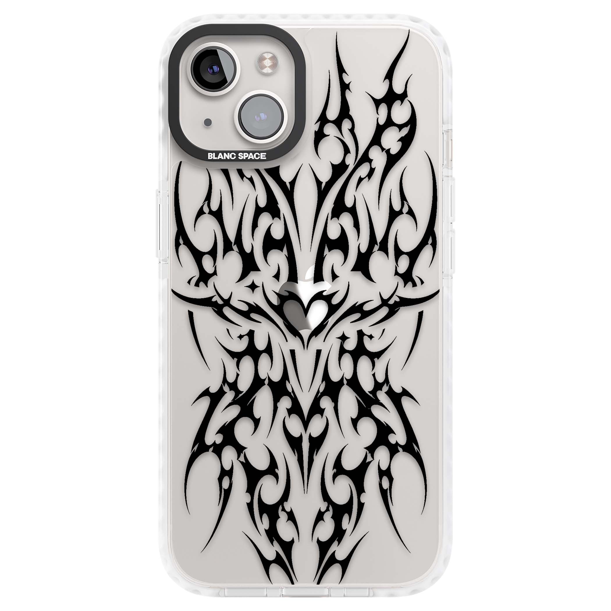 Neo Tribal Heart gothic iPhone case featuring symmetrical black tribal tattoo art with sharp thorn-like linework | Clear Impact case for iPhone 13, iPhone 14, iPhone 15