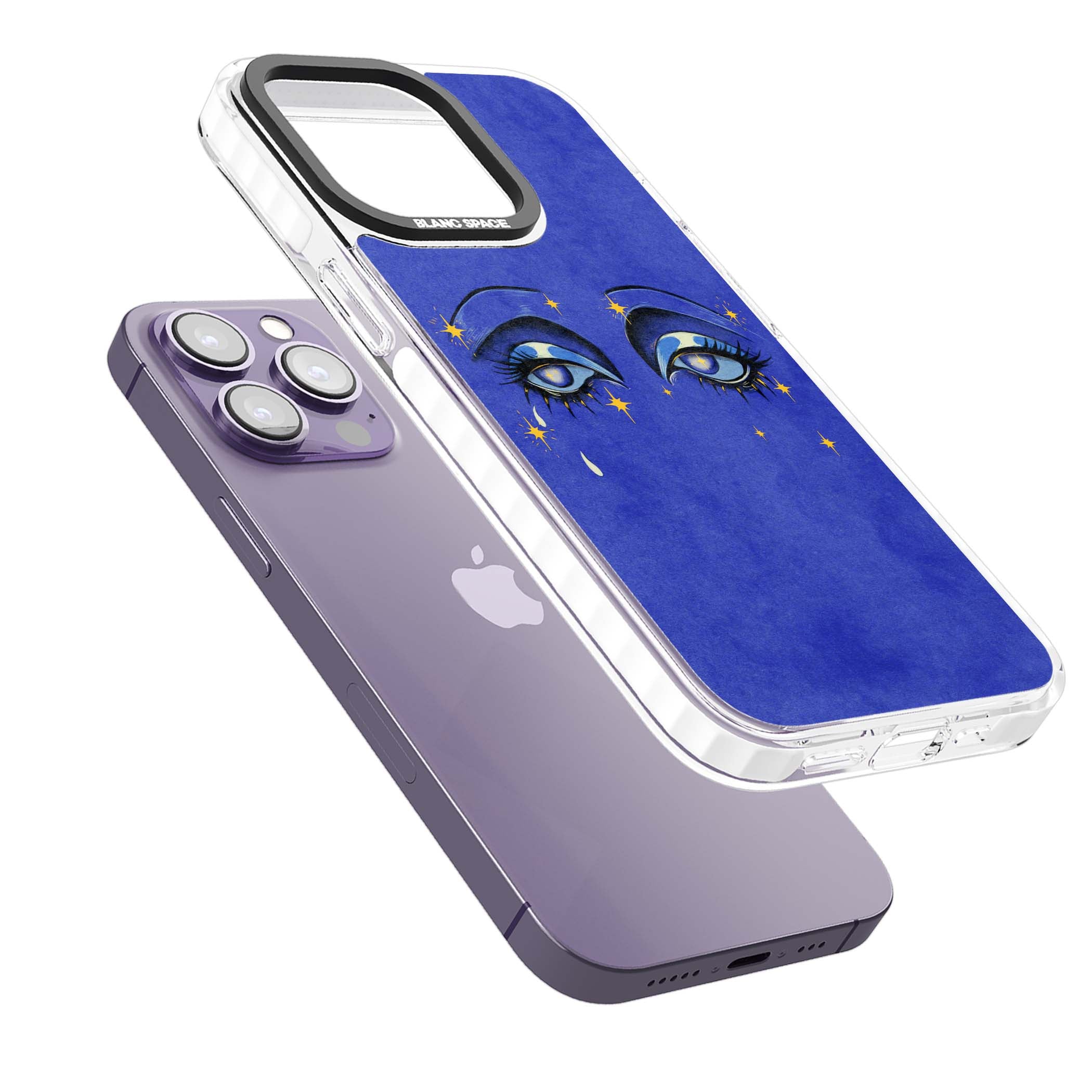 Blue Mystic Eyes celestial iPhone case featuring hand drawn blue mystical eyes, golden stars and a painted tear on indigo | Clear Impact case for iPhone 13 Pro, iPhone 14 Pro, iPhone 15 Pro
