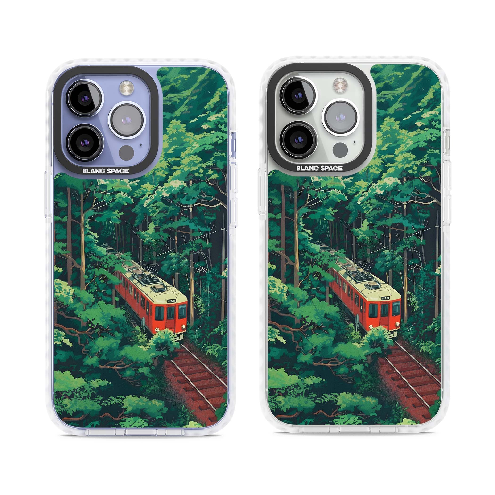 Railway In Toyama Japanese iPhone case featuring a red train, cedar forest and winding mountain railway tracks | Clear Impact case for iPhone 13 Pro, iPhone 14 Pro, iPhone 15 Pro