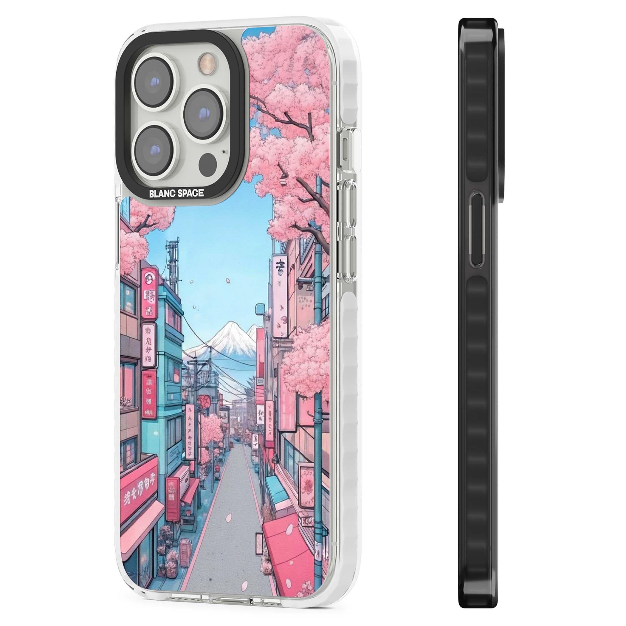 Sakura Lane anime iPhone case featuring Tokyo street scene with cherry blossoms and Mount Fuji | Clear Impact case for iPhone 13 Pro, iPhone 14 Pro, iPhone 15 Pro