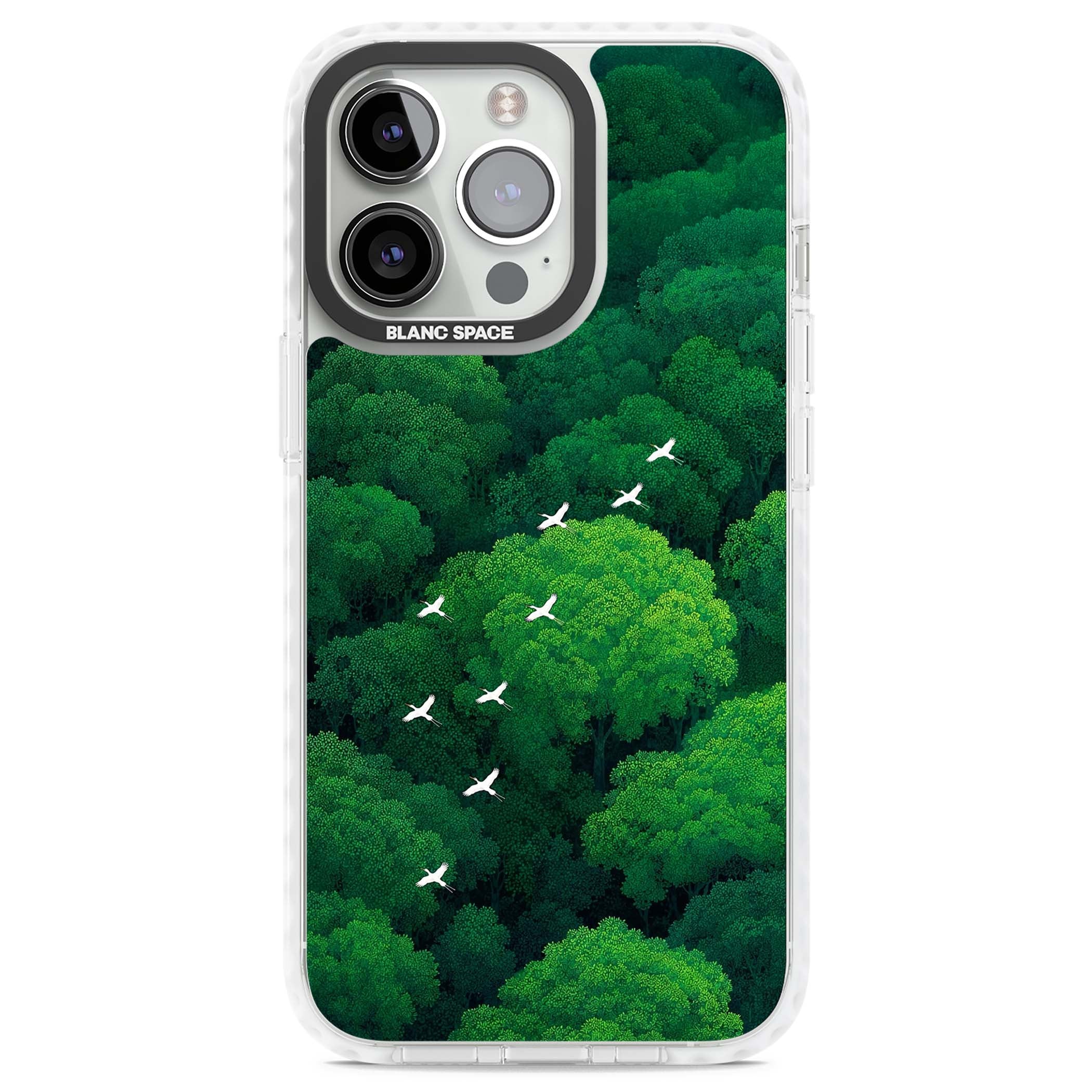 Grove Migration forest iPhone case featuring white cranes flying over lush green treetop canopy | Clear Impact case for iPhone 13 Pro, iPhone 14 Pro, iPhone 15 Pro