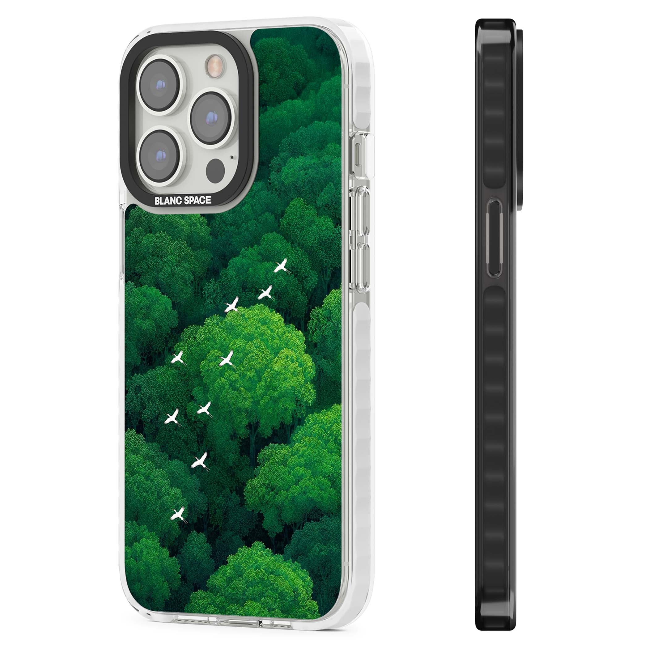 Grove Migration forest iPhone case featuring white cranes flying over lush green treetop canopy | Clear Impact case for iPhone 13 Pro, iPhone 14 Pro, iPhone 15 Pro