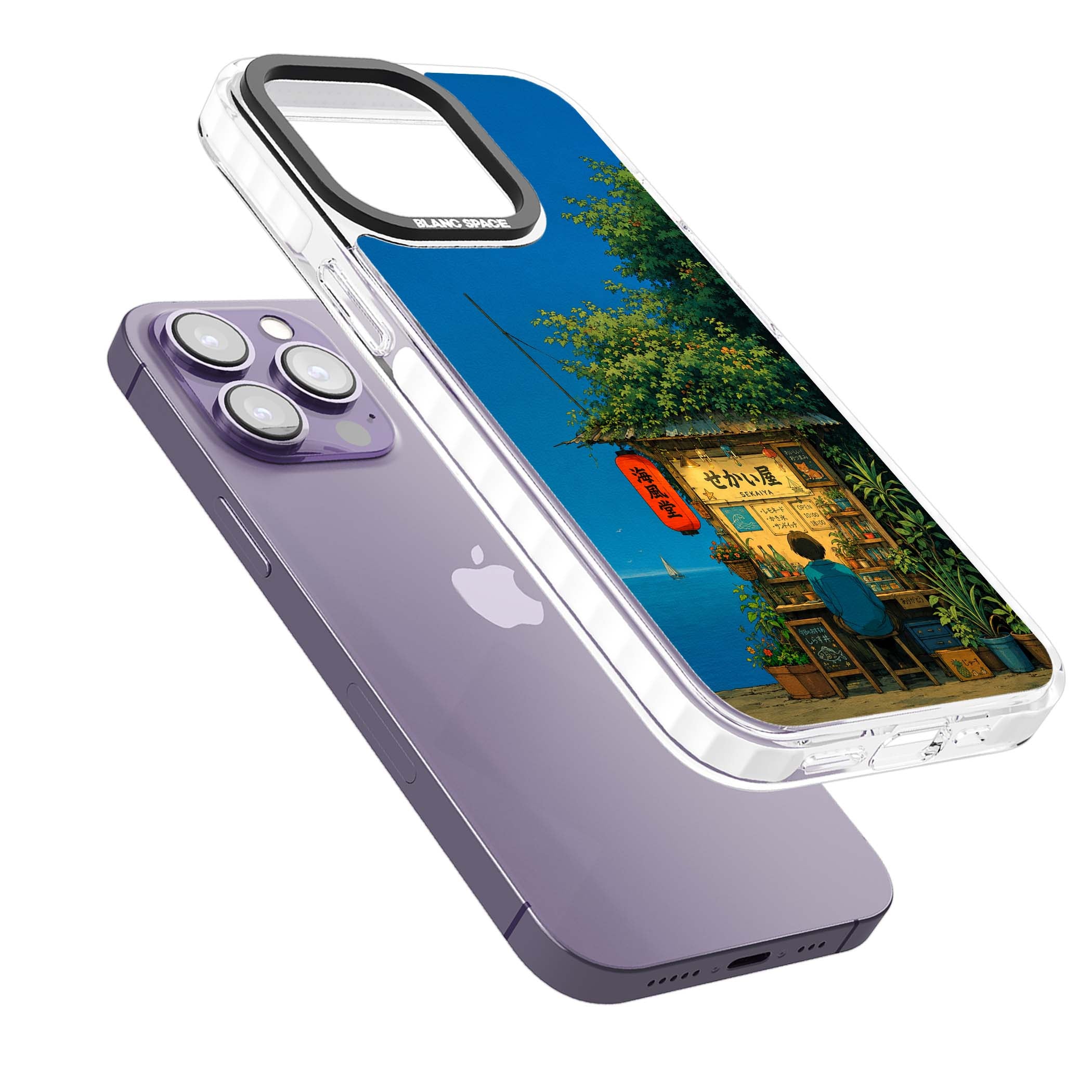 The Shirahama Kiosk anime iPhone case featuring a Japanese seaside shop, red paper lantern and ocean view | Clear Impact case for iPhone 13 Pro, iPhone 14 Pro, iPhone 15 Pro