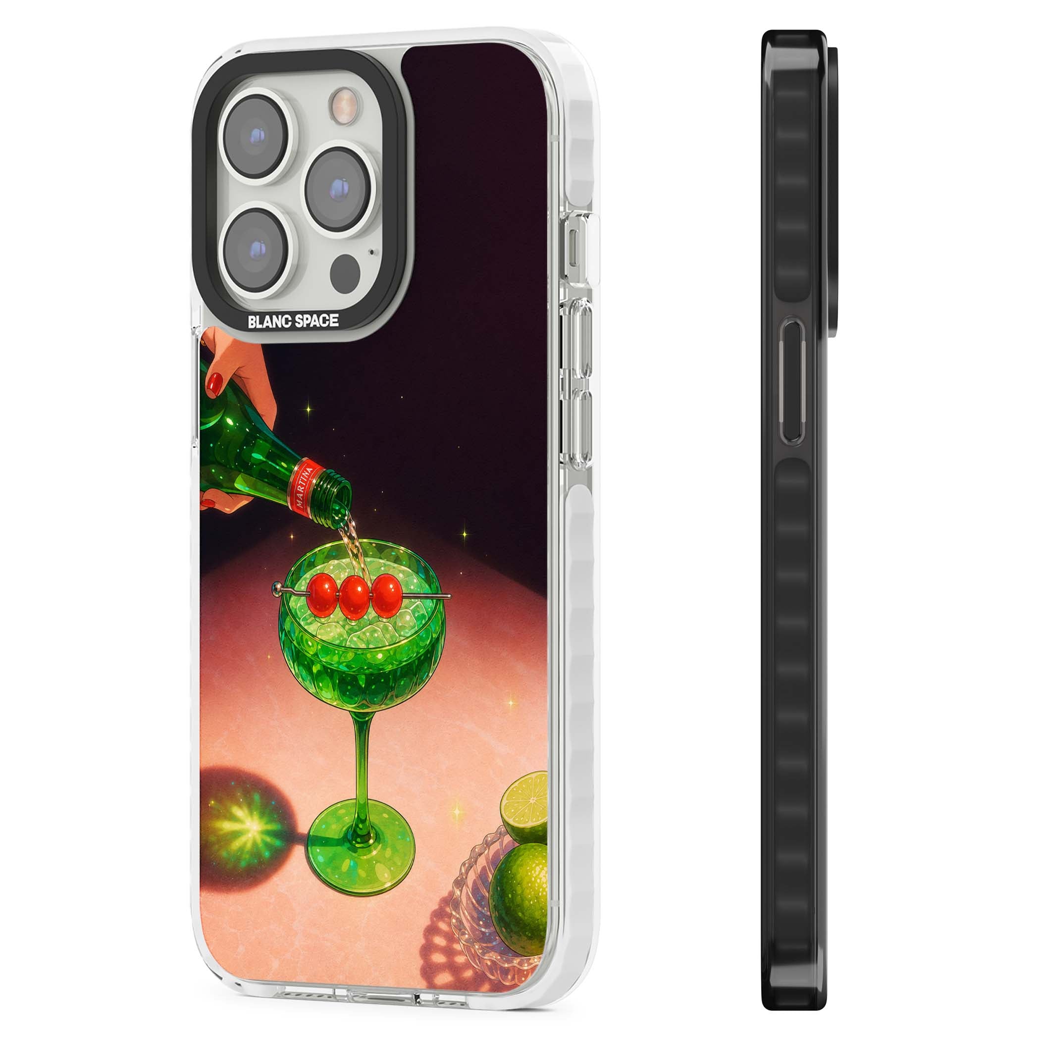 Absinthe Hour cocktail iPhone case featuring a green coupe glass, cherry garnish and vintage bottle pour illustration | Clear Impact case for iPhone 13 Pro, iPhone 14 Pro, iPhone 15 Pro