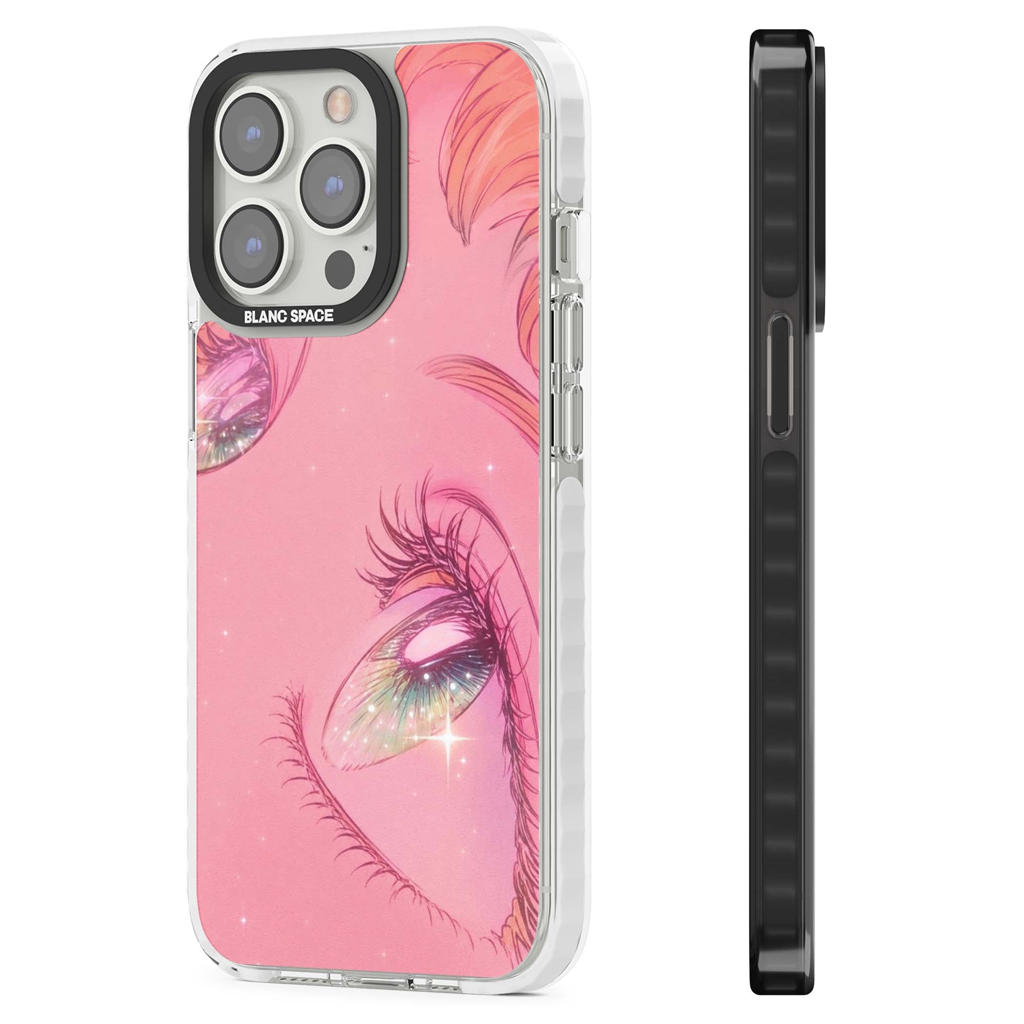 Pink Ethereal Gaze anime iPhone case featuring sparkling manga eyes, coral lashes and dreamy peach sky | Clear Impact case for iPhone 13 Pro, iPhone 14 Pro, iPhone 15 Pro
