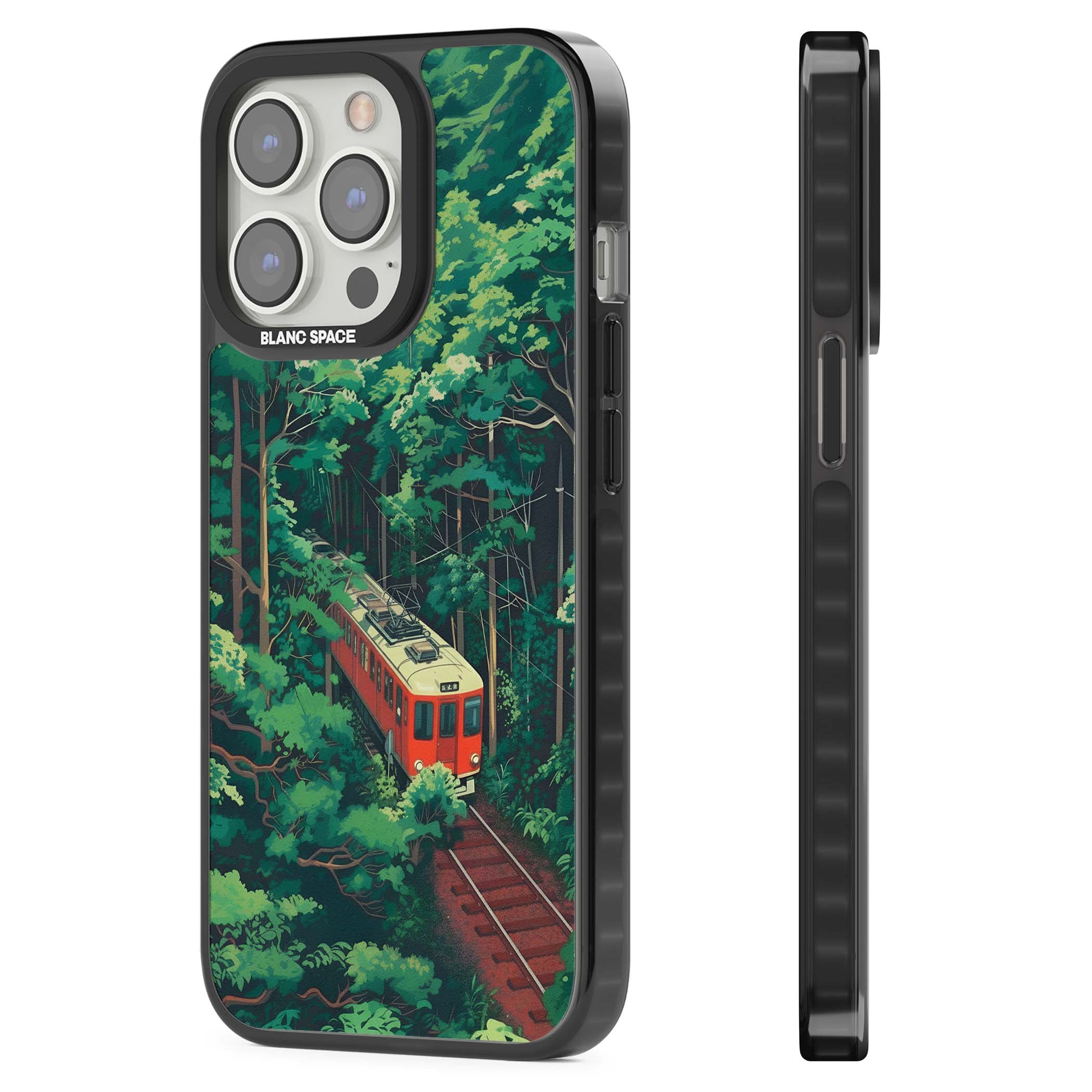 Railway In Toyama Japanese iPhone case featuring a red train, cedar forest and winding mountain railway tracks | Black Impact case for iPhone 13 Pro, iPhone 14 Pro, iPhone 15 Pro