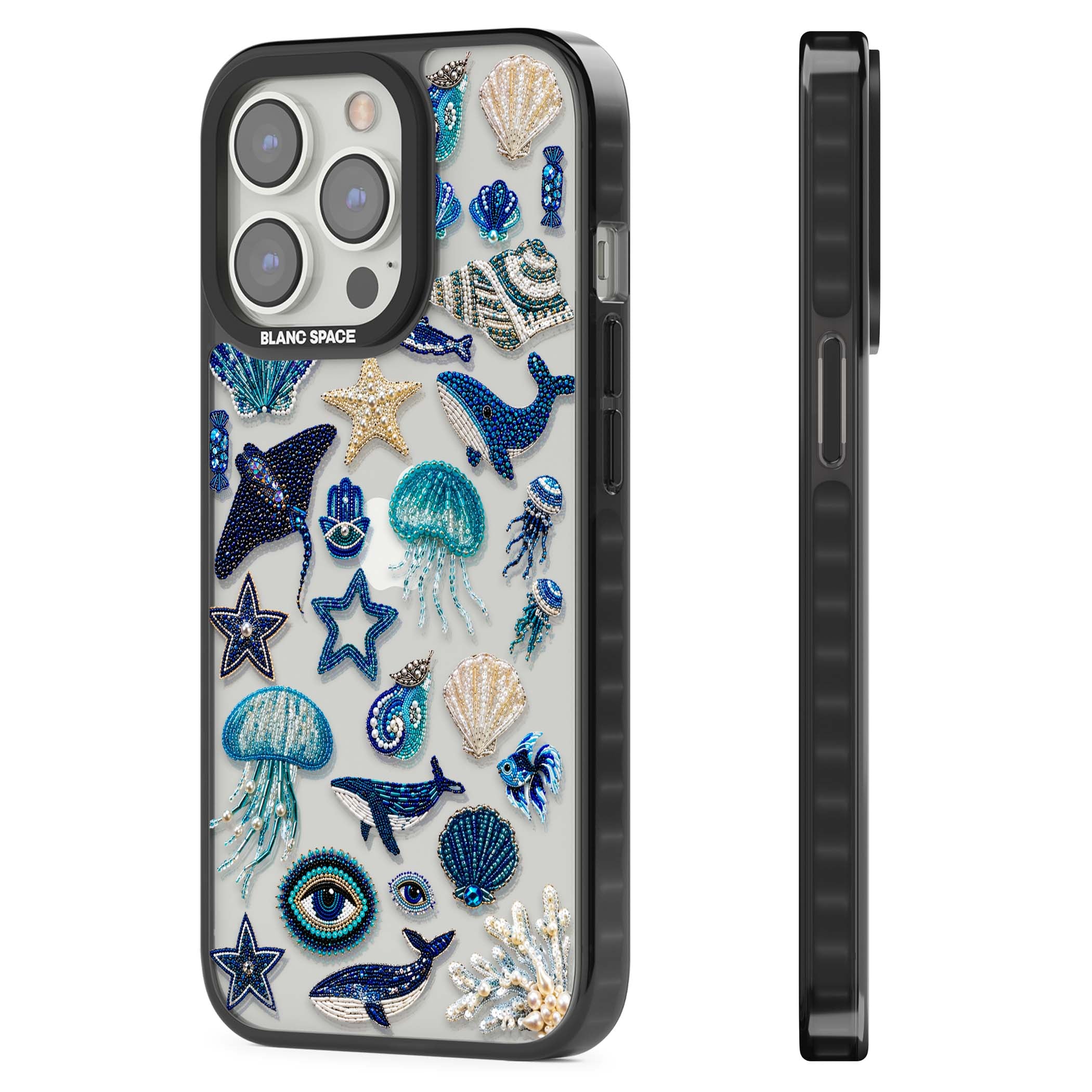 Beaded Coastal coastal iPhone case featuring embroidered seashells, jellyfish and a blue whale on clear | Black Impact case for iPhone 13 Pro, iPhone 14 Pro, iPhone 15 Pro