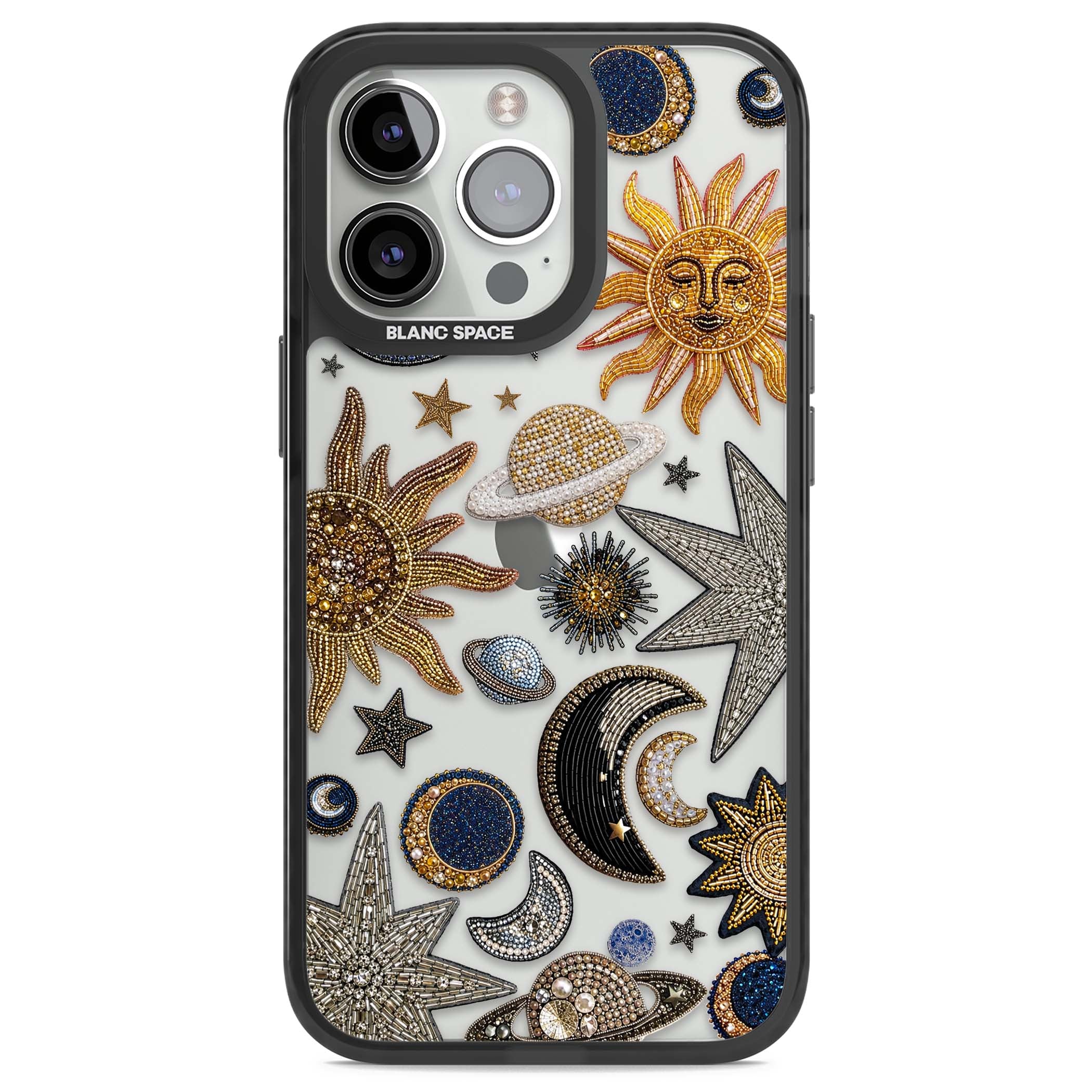 Beaded Cosmos celestial iPhone case featuring embroidered golden suns, beaded planets and silver shooting stars | Black Impact case for iPhone 13 Pro, iPhone 14 Pro, iPhone 15 Pro