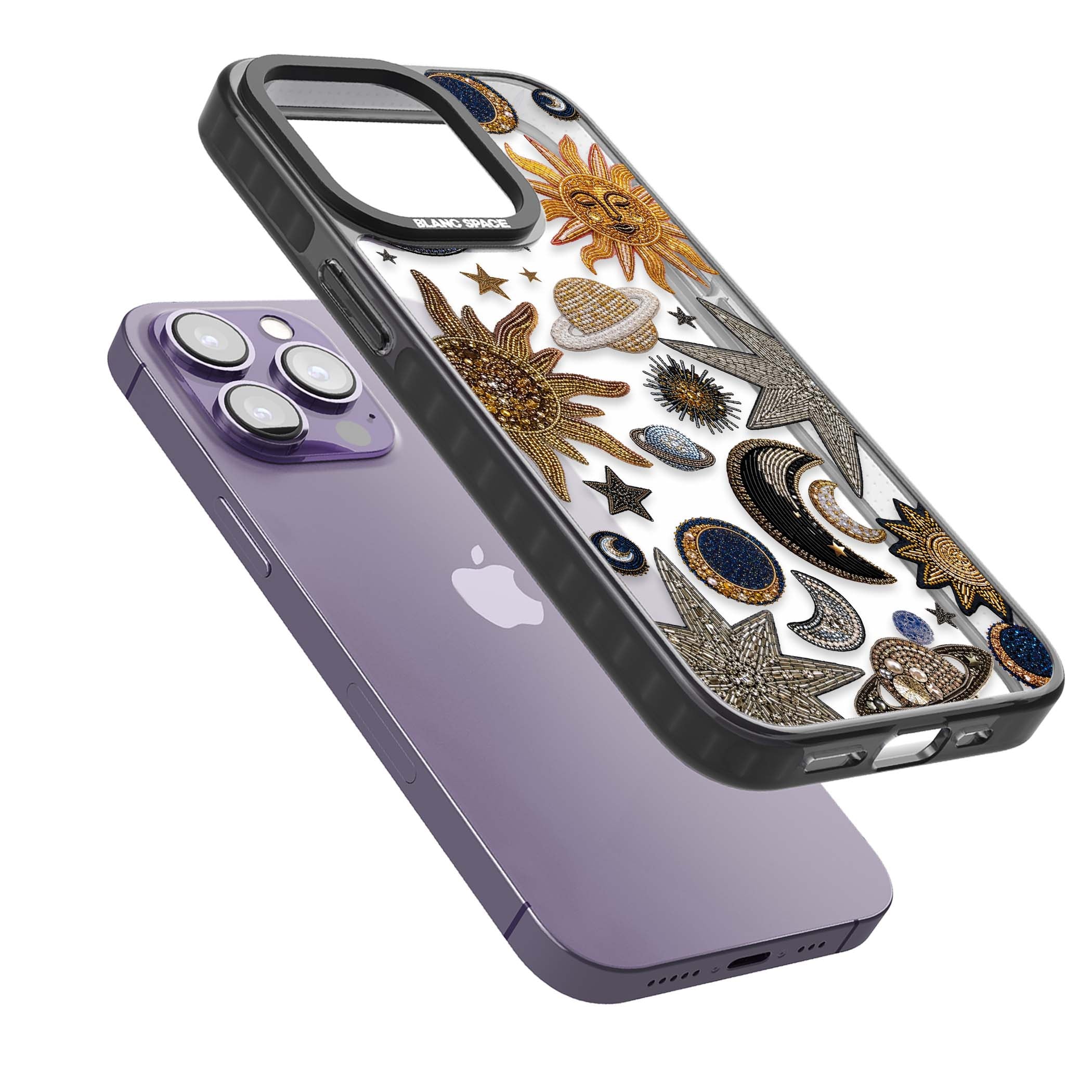 Beaded Cosmos celestial iPhone case featuring embroidered golden suns, beaded planets and silver shooting stars | Black Impact case for iPhone 13 Pro, iPhone 14 Pro, iPhone 15 Pro