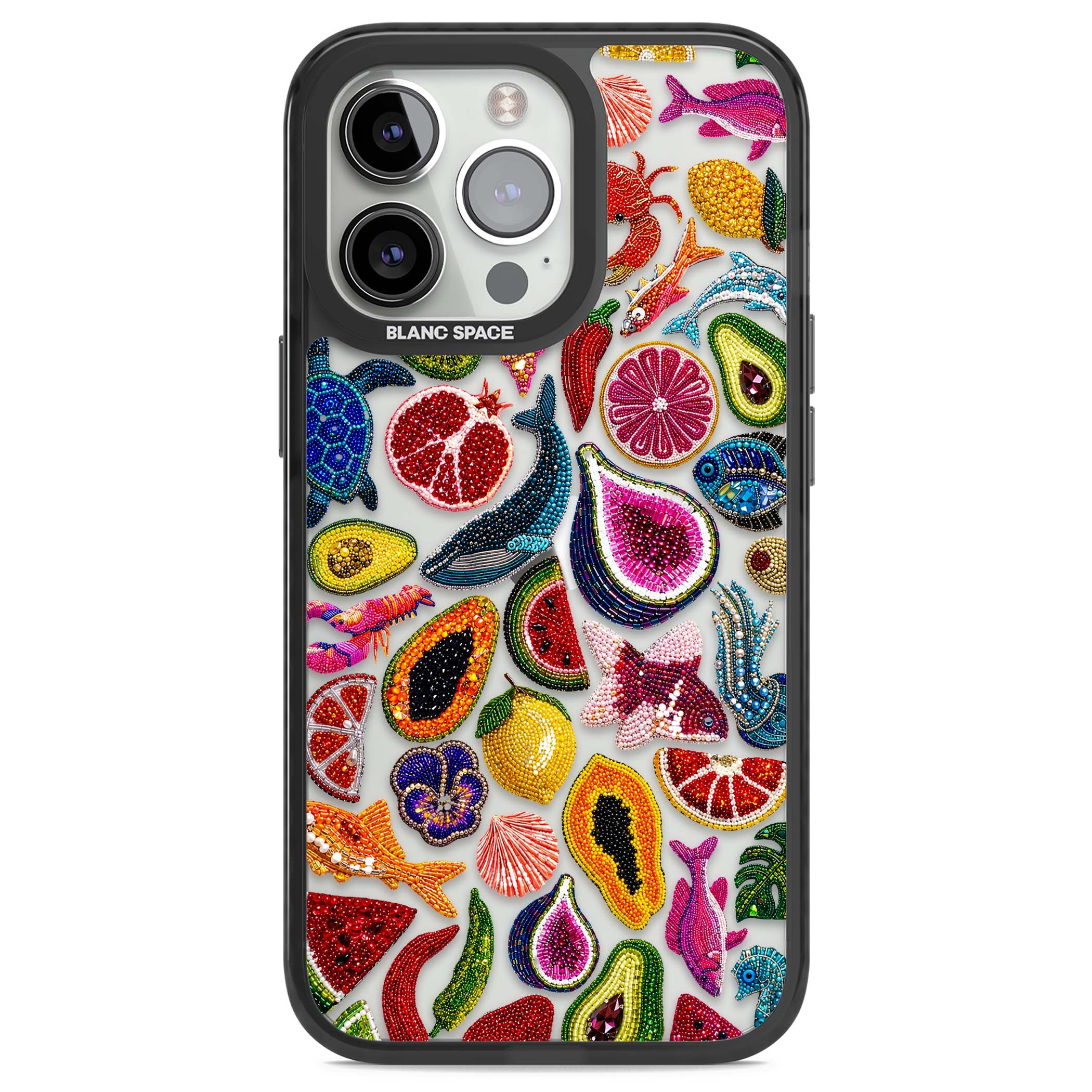 Beaded Tropic tropical iPhone case featuring beaded fruit, fish, crabs and seashells in vibrant colour | Black Impact case for iPhone 13 Pro, iPhone 14 Pro, iPhone 15 Pro