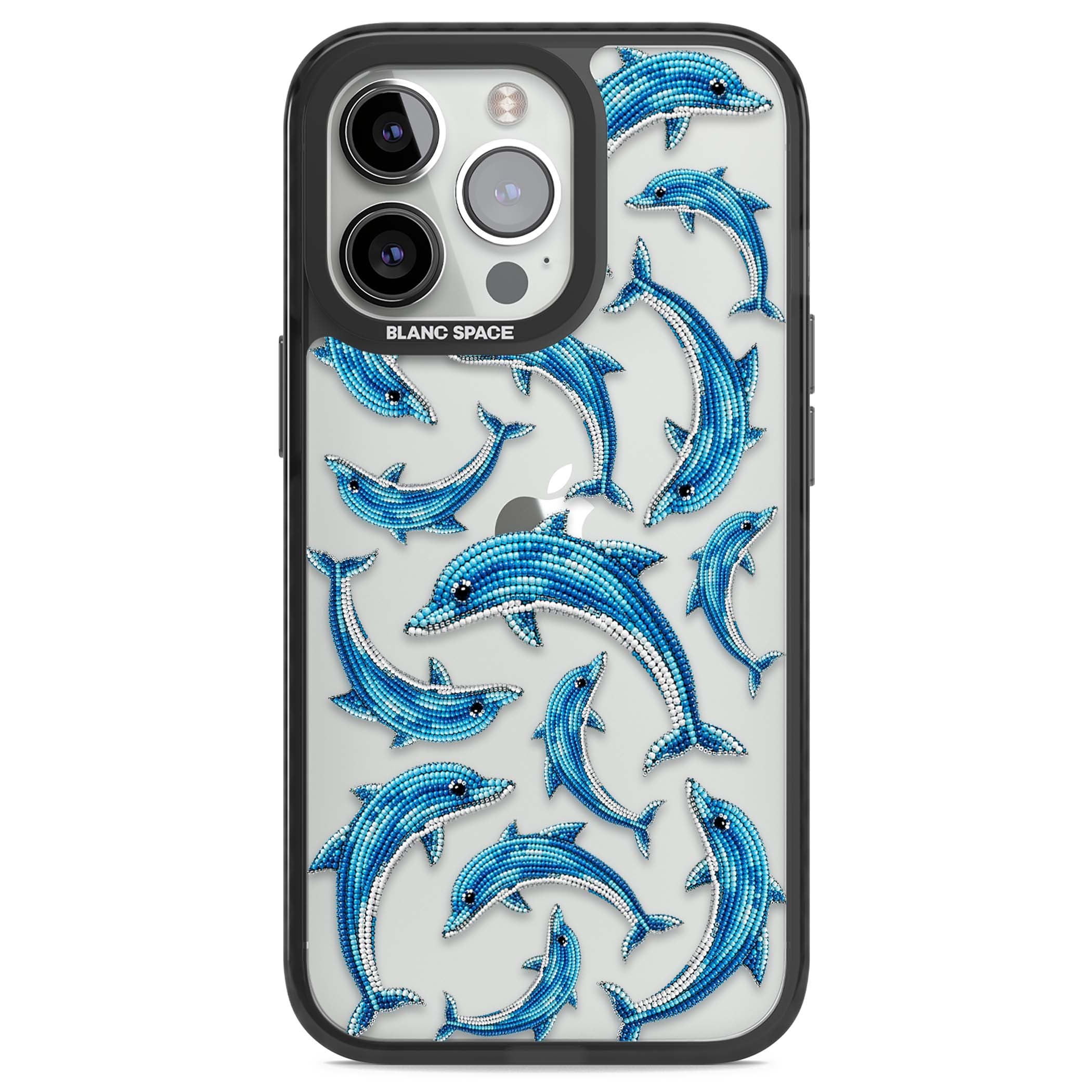 Beaded Dolphins coastal iPhone case featuring beaded dolphins in blue and white swimming across a clear background | Black Impact case for iPhone 13 Pro, iPhone 14 Pro, iPhone 15 Pro