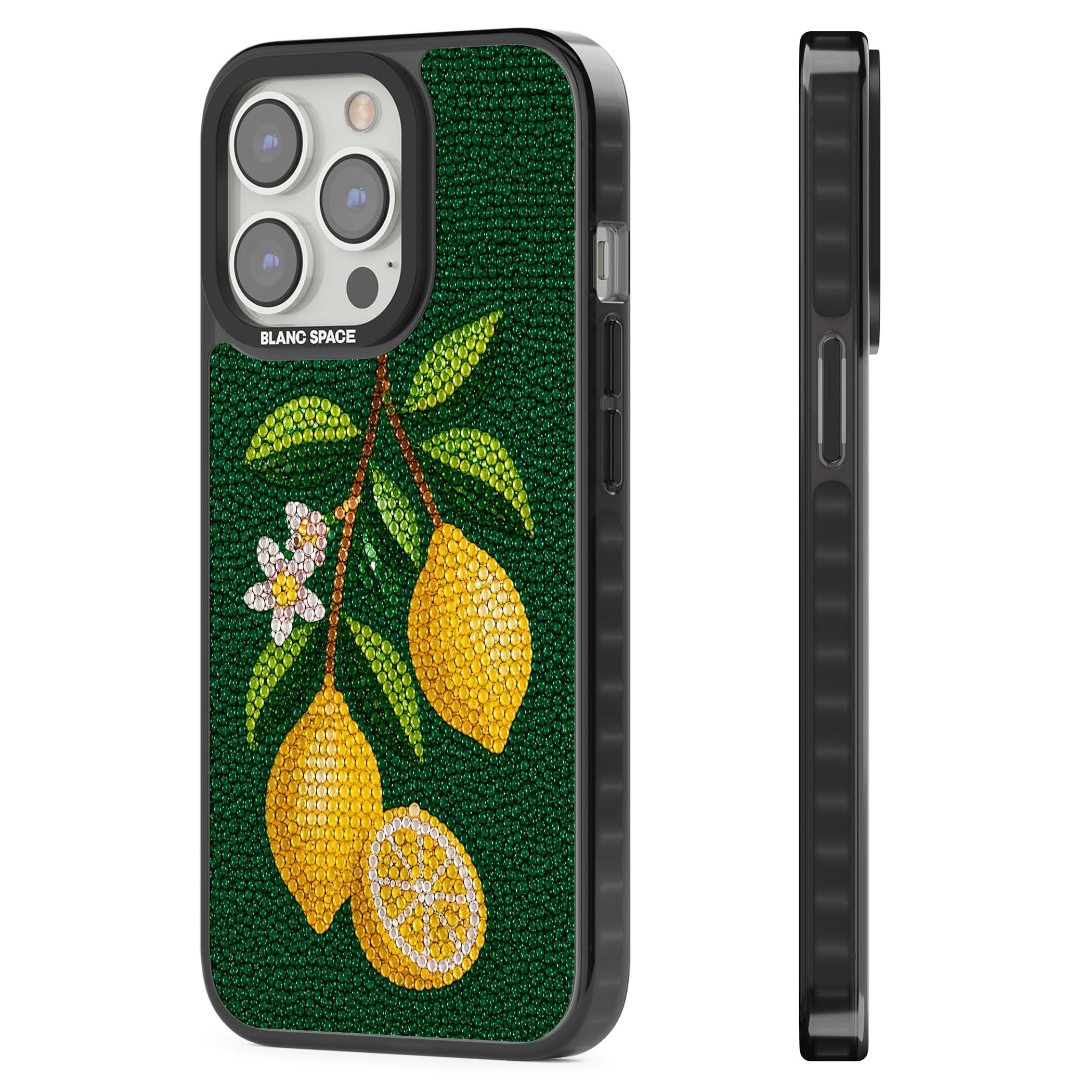 Beaded Lemons coastal iPhone case featuring crystal-beaded lemons, citrus blossom and green leaves on emerald ground | Black Impact case for iPhone 13 Pro, iPhone 14 Pro, iPhone 15 Pro