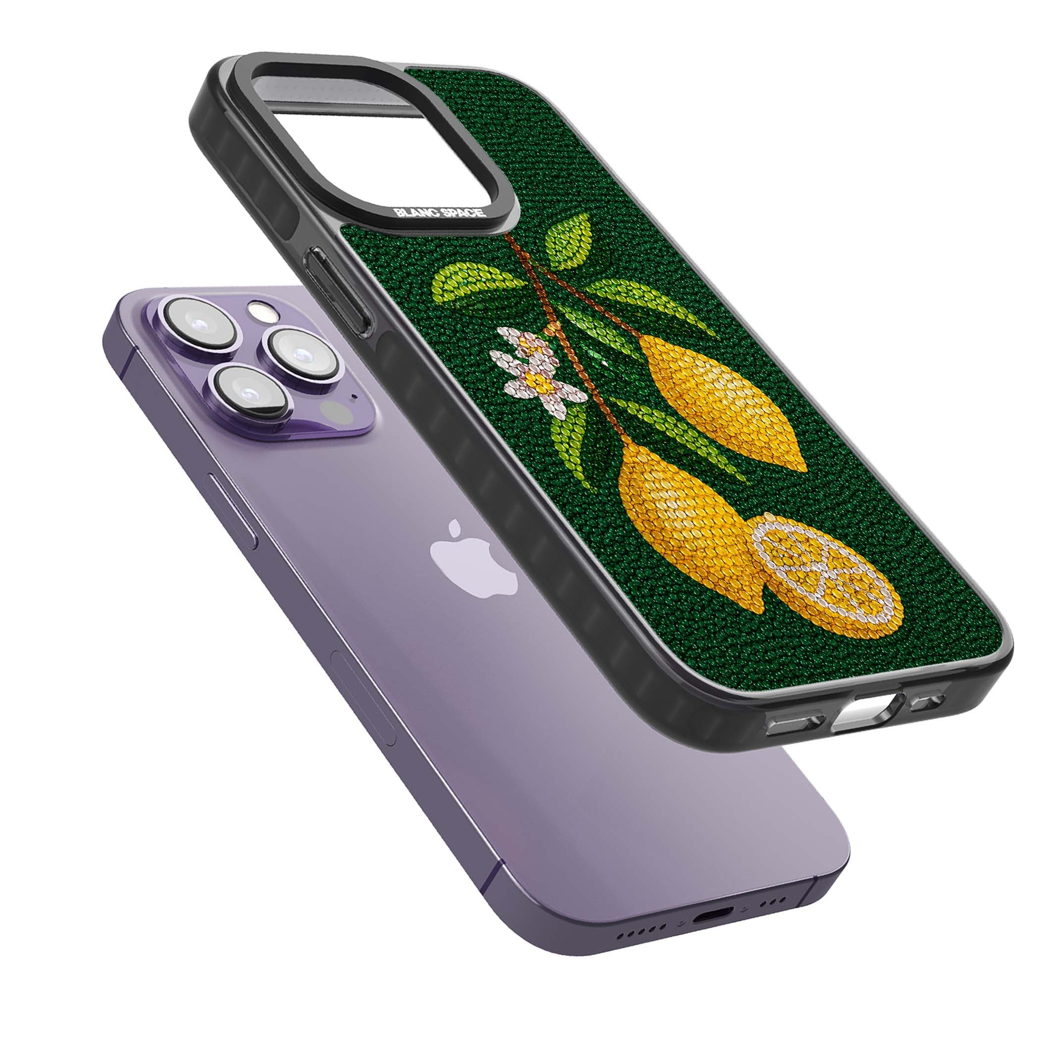 Beaded Lemons coastal iPhone case featuring crystal-beaded lemons, citrus blossom and green leaves on emerald ground | Black Impact case for iPhone 13 Pro, iPhone 14 Pro, iPhone 15 Pro