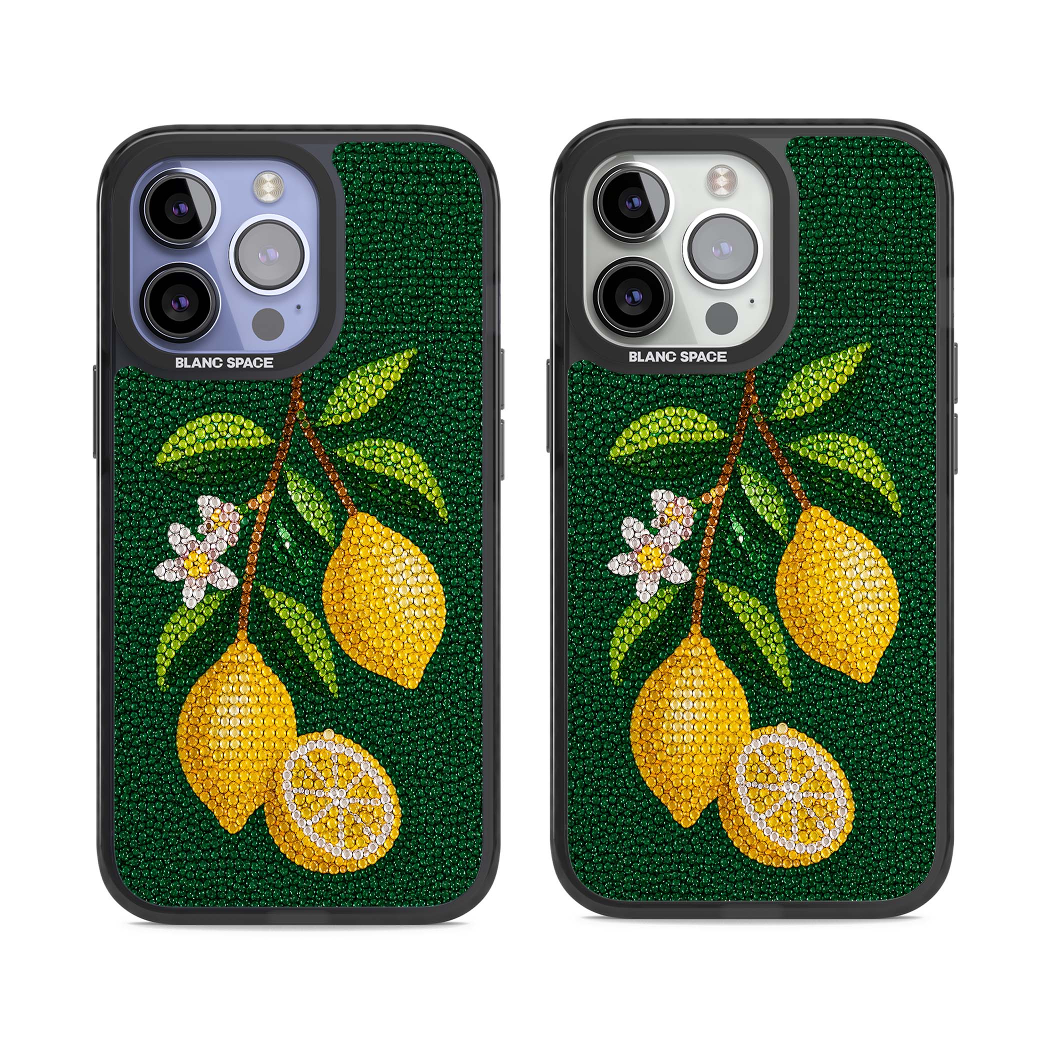 Beaded Lemons coastal iPhone case featuring crystal-beaded lemons, citrus blossom and green leaves on emerald ground | Black Impact case for iPhone 13 Pro, iPhone 14 Pro, iPhone 15 Pro