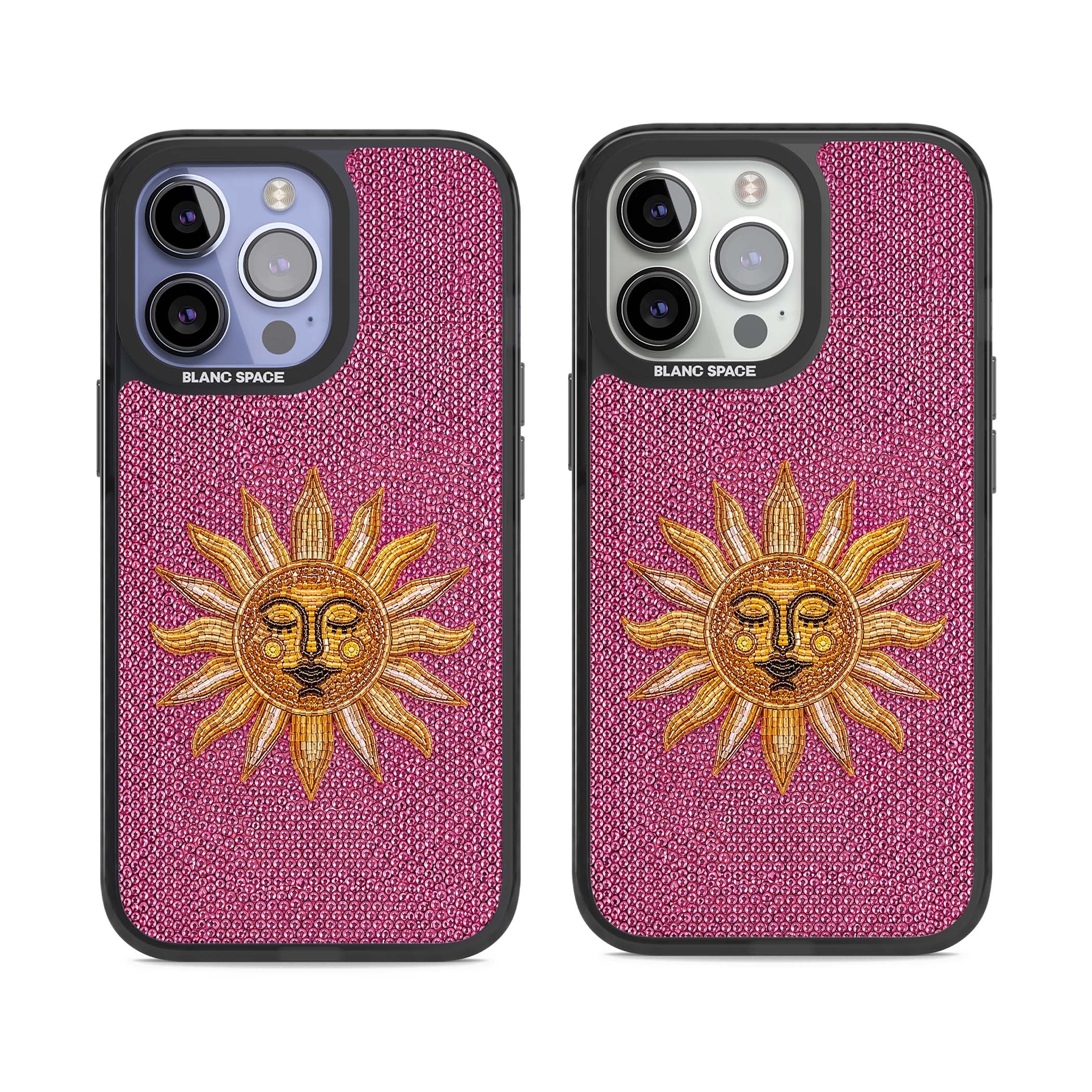 Beaded Sun celestial iPhone case featuring a golden beaded sun face with radiant rays on hot pink beaded background | Black Impact case for iPhone 13 Pro, iPhone 14 Pro, iPhone 15 Pro