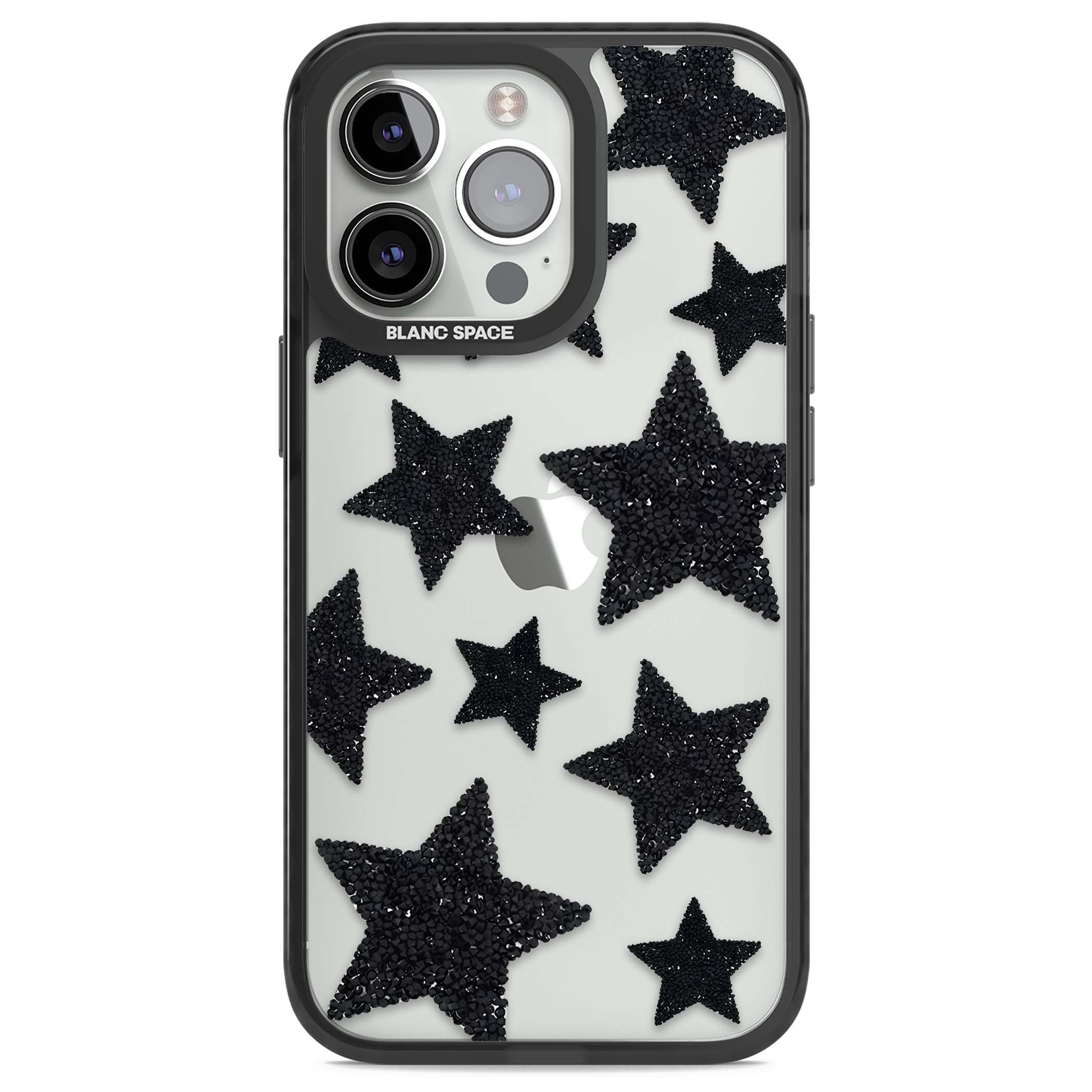 Beaded Black Stars celestial iPhone case featuring black glitter beaded stars scattered on a clear background | Black Impact case for iPhone 13 Pro, iPhone 14 Pro, iPhone 15 Pro