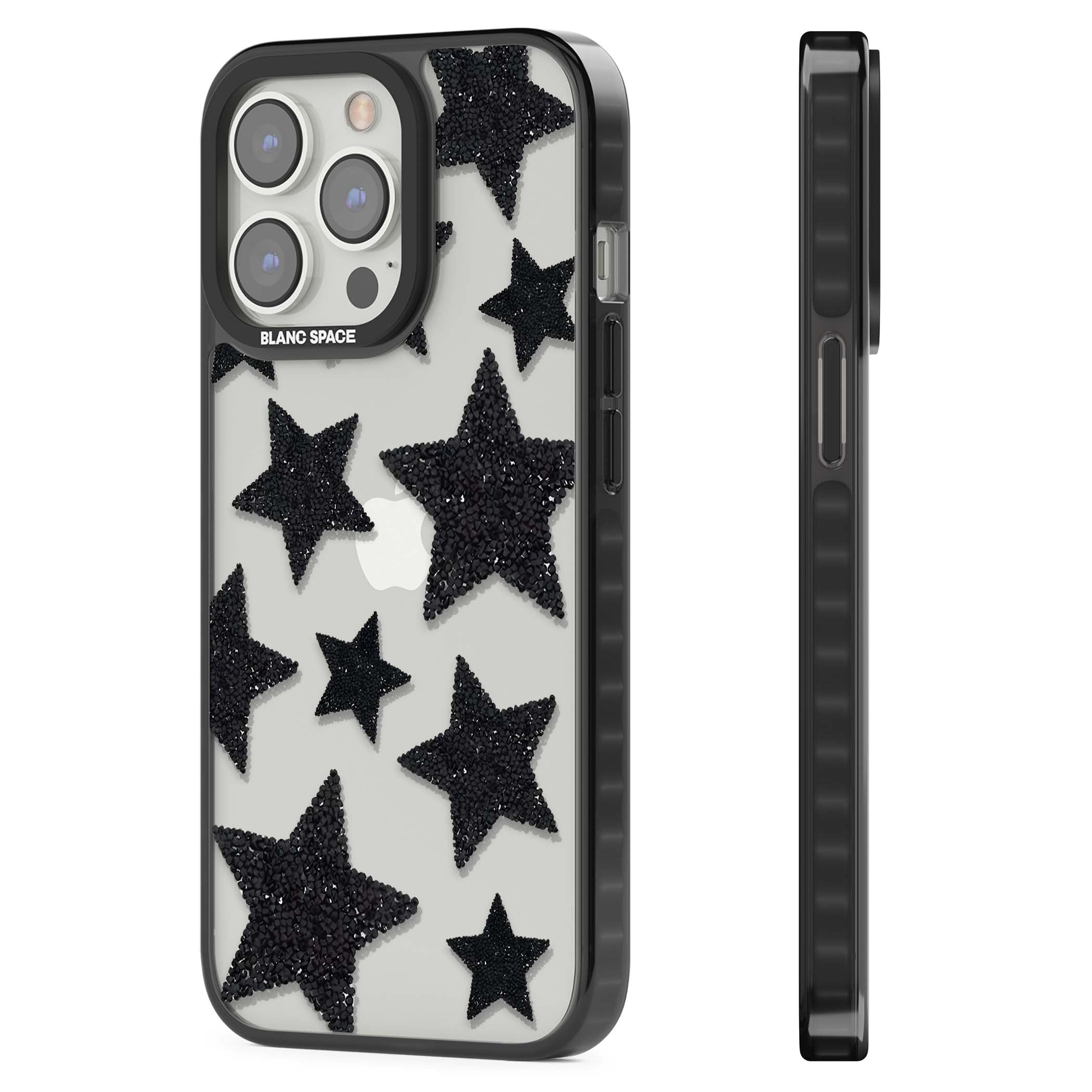 Beaded Black Stars celestial iPhone case featuring black glitter beaded stars scattered on a clear background | Black Impact case for iPhone 13 Pro, iPhone 14 Pro, iPhone 15 Pro