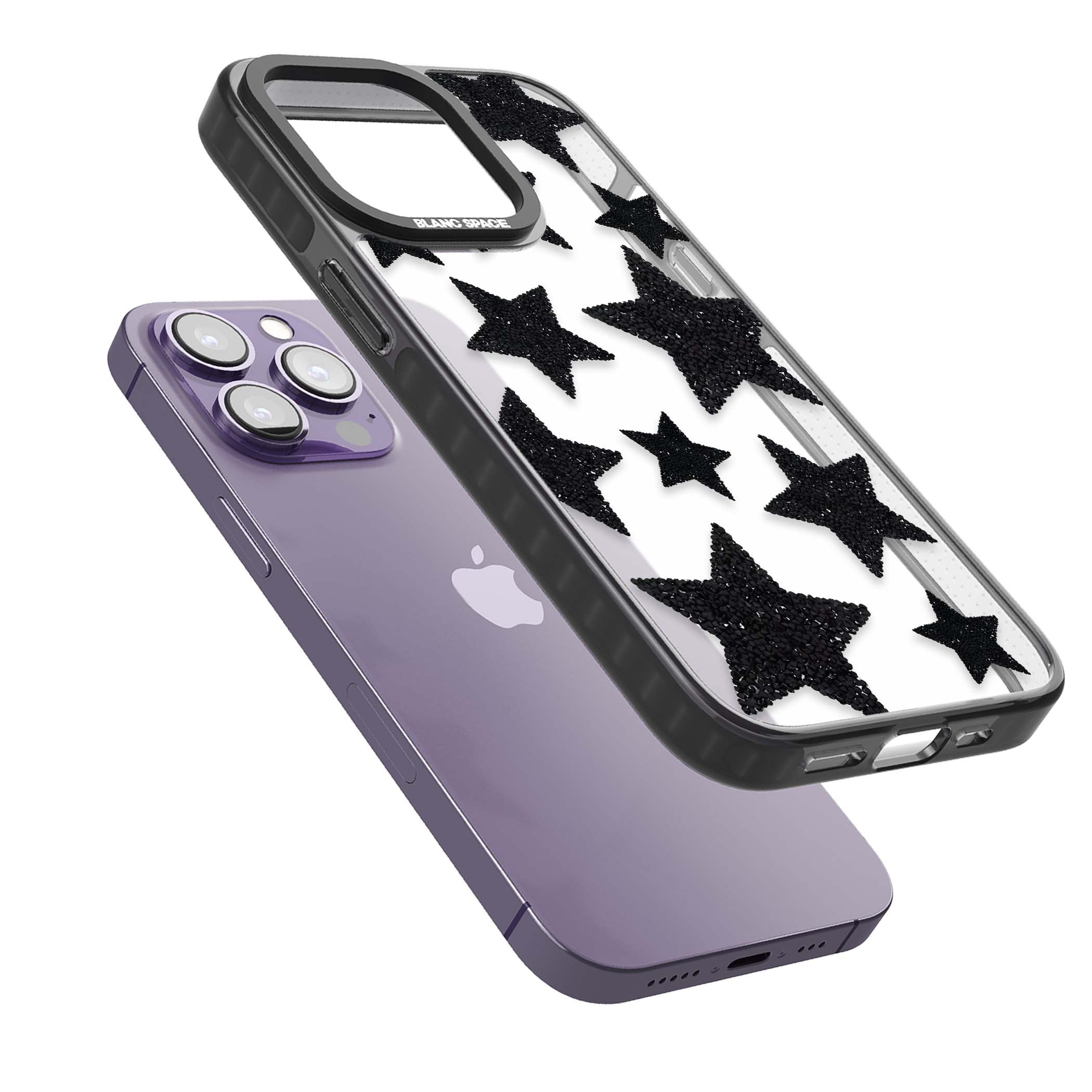 Beaded Black Stars celestial iPhone case featuring black glitter beaded stars scattered on a clear background | Black Impact case for iPhone 13 Pro, iPhone 14 Pro, iPhone 15 Pro