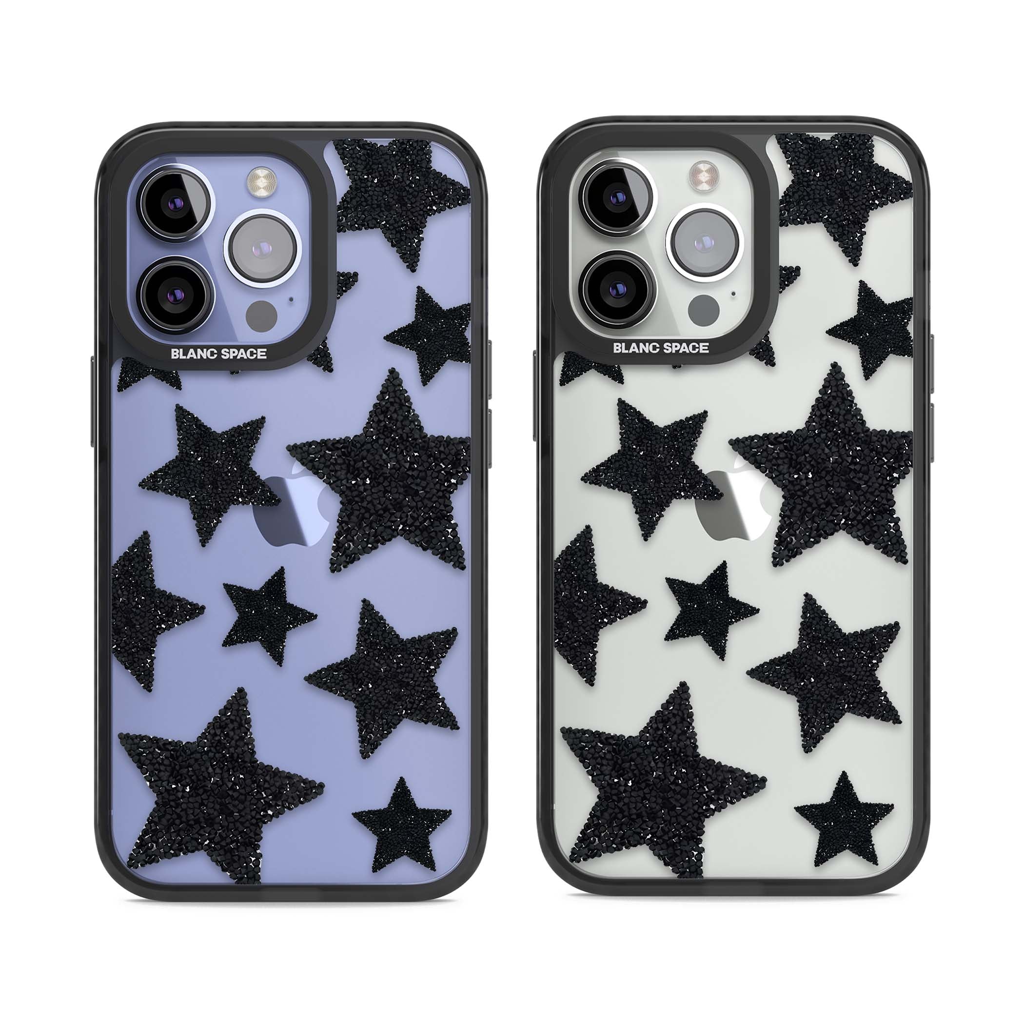 Beaded Black Stars celestial iPhone case featuring black glitter beaded stars scattered on a clear background | Black Impact case for iPhone 13 Pro, iPhone 14 Pro, iPhone 15 Pro