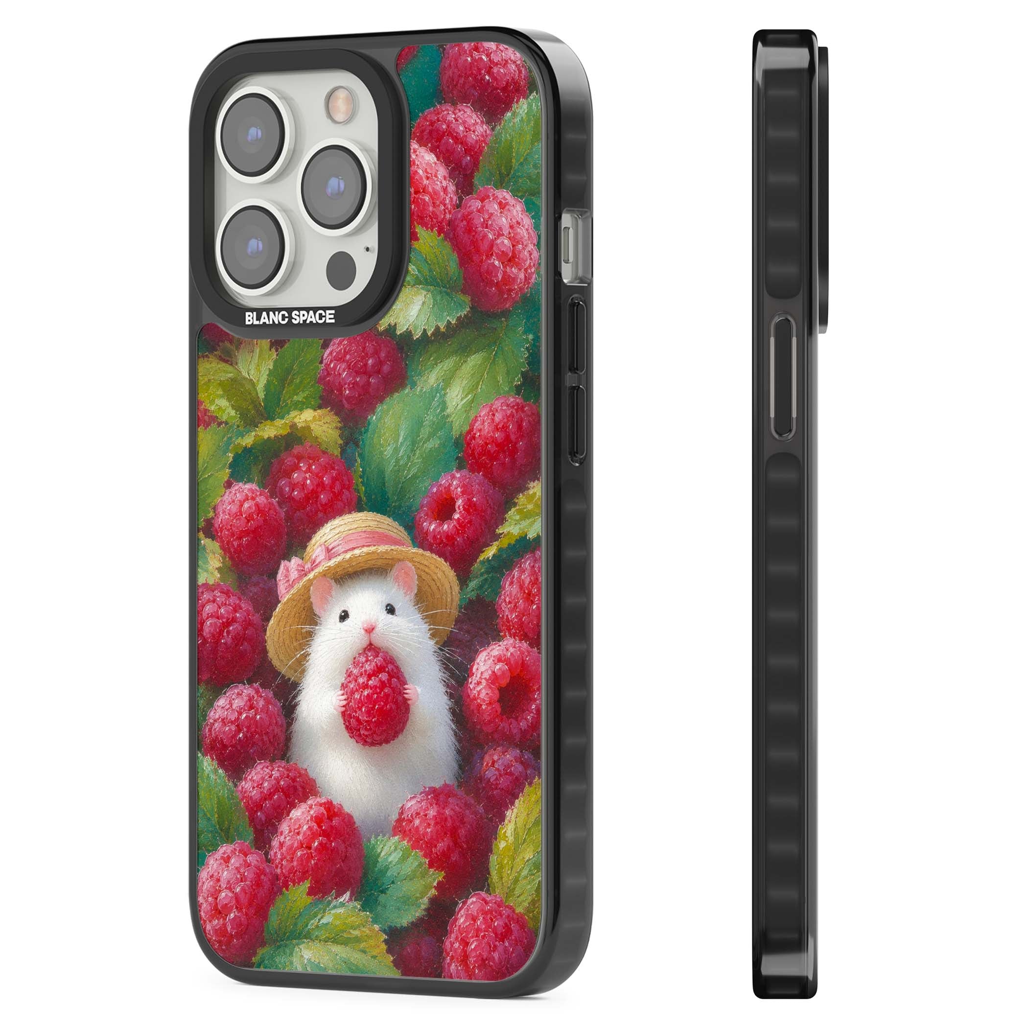 Berry Forager cottagecore iPhone case featuring a white hamster in a straw hat holding a raspberry surrounded by ripe ber | Black Impact case for iPhone 13 Pro, iPhone 14 Pro, iPhone 15 Pro
