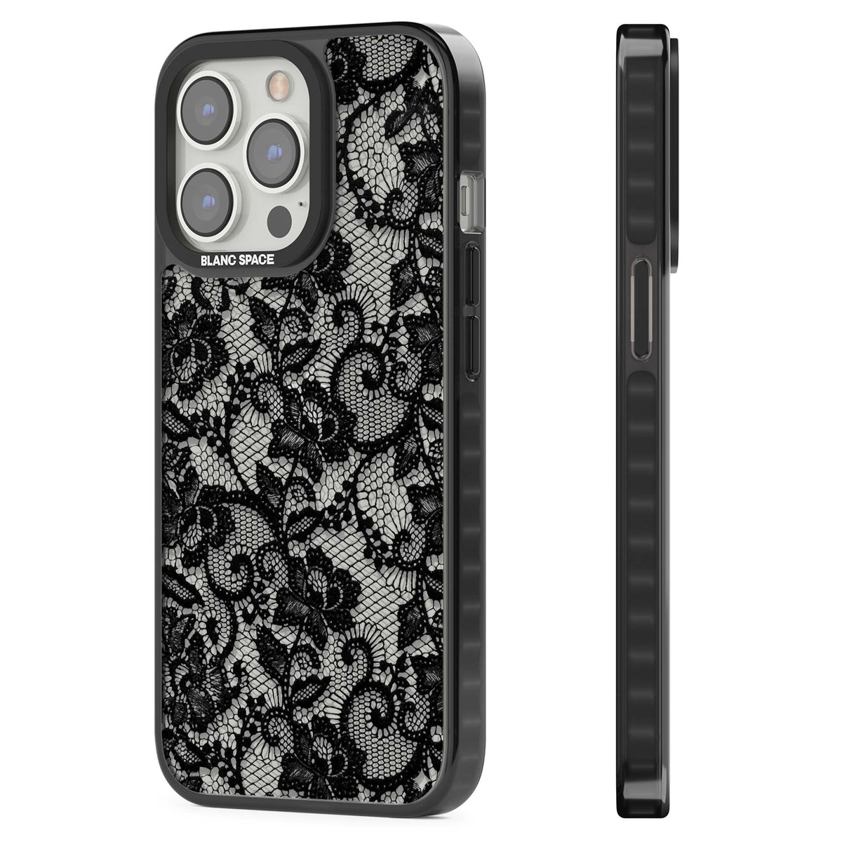 Black Lace gothic iPhone case featuring intricate black floral lace pattern with vintage whimsigoth detail | Black Impact case for iPhone 13 Pro, iPhone 14 Pro, iPhone 15 Pro