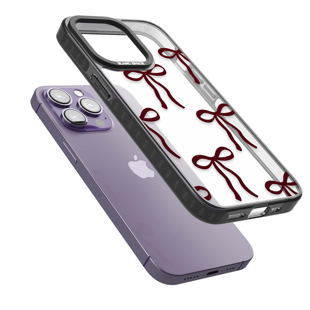 Burgundy Bows coquette iPhone case featuring hand-drawn burgundy red bows on a clear background | Black Impact case for iPhone 13 Pro, iPhone 14 Pro, iPhone 15 Pro
