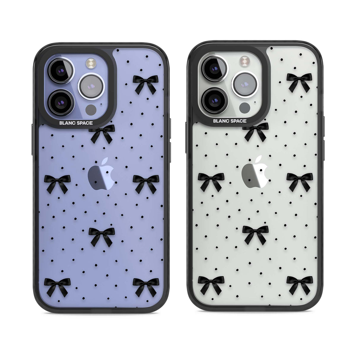 Black Polka Bows coquette iPhone case featuring scattered black satin bows and tiny polka dots on a clear base | Black Impact case for iPhone 13 Pro, iPhone 14 Pro, iPhone 15 Pro