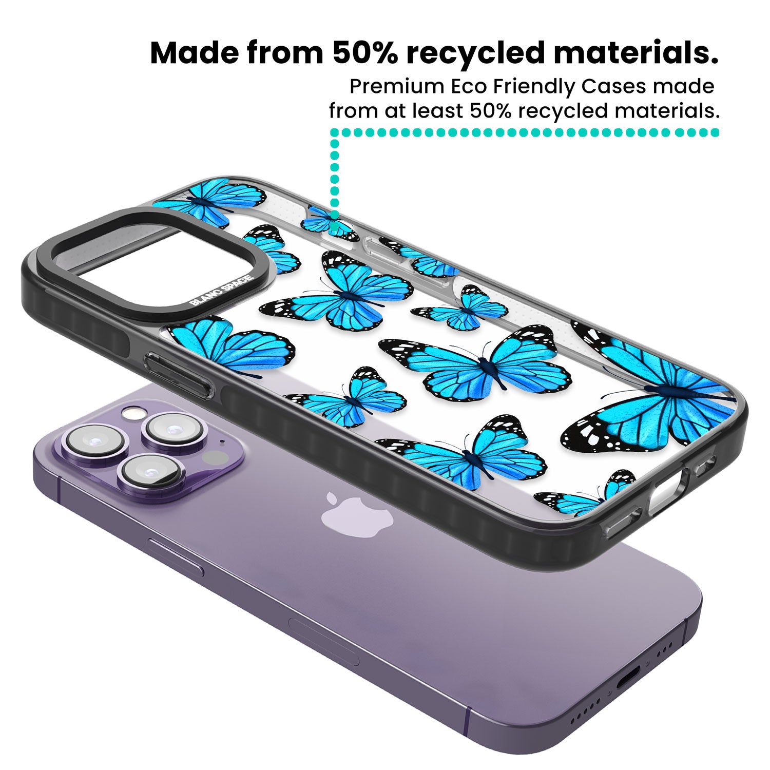 Blue Butterflies Black Impact Phone Case for iPhone 13 Pro, iPhone 14 Pro, iPhone 15 Pro