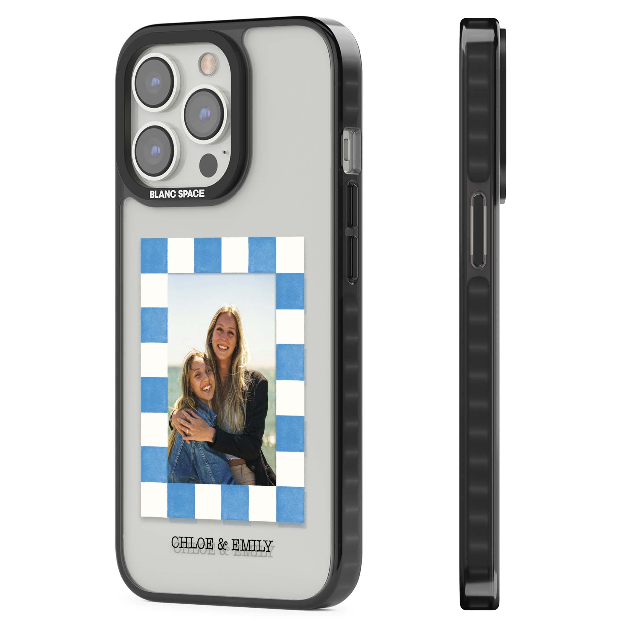 Blue Check Photo personalised photo iPhone case with blue checkered frame and custom couple names | Black Impact case for iPhone 13 Pro, iPhone 14 Pro, iPhone 15 Pro