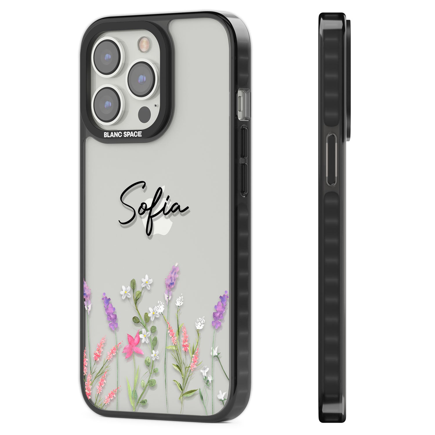 Personalised Lavender Wildflowers Black Impact Phone Case for iPhone 13 Pro, iPhone 14 Pro, iPhone 15 Pro