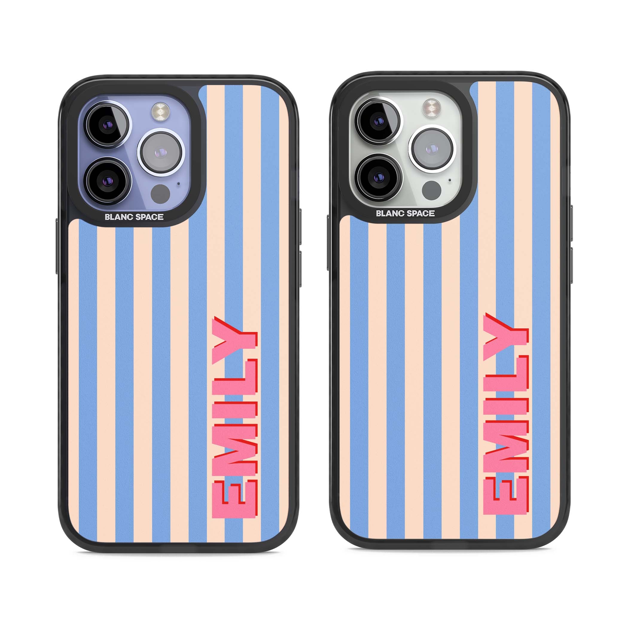 Coastal Stripe personalised coastal iPhone case with blue and peach vertical stripes and custom pink name | Black Impact case for iPhone 13 Pro, iPhone 14 Pro, iPhone 15 Pro
