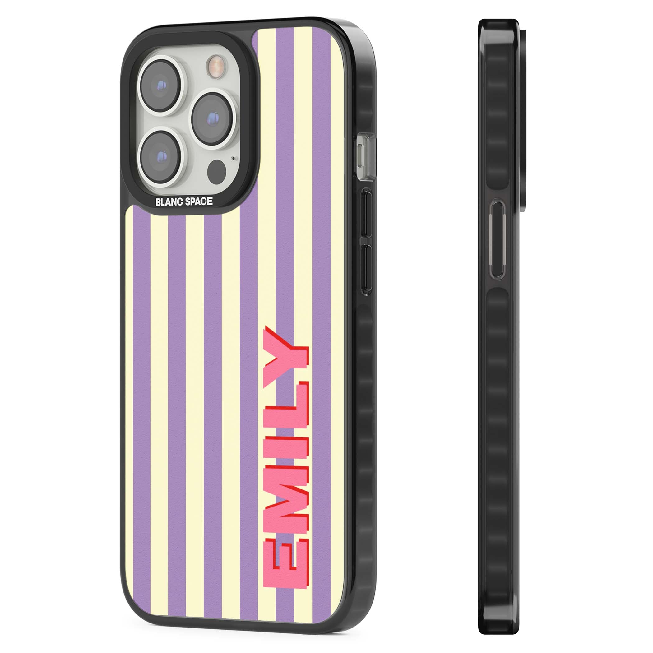 Valensole Stripe personalised iPhone case with purple and cream vertical stripes and pink custom name | Black Impact case for iPhone 13 Pro, iPhone 14 Pro, iPhone 15 Pro