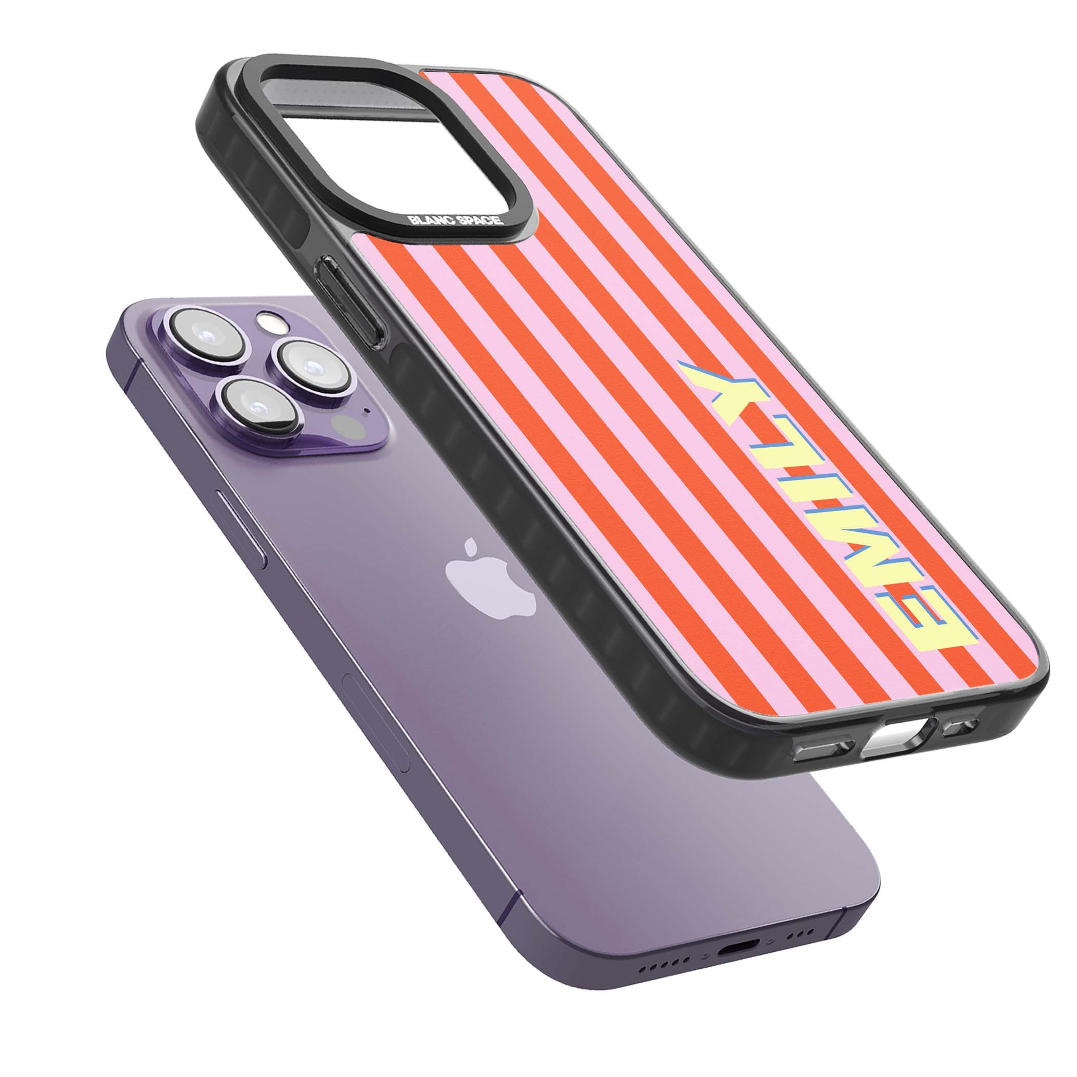 Havana Stripe personalised iPhone case featuring pink and orange vertical stripes with a custom yellow name | Black Impact case for iPhone 13 Pro, iPhone 14 Pro, iPhone 15 Pro