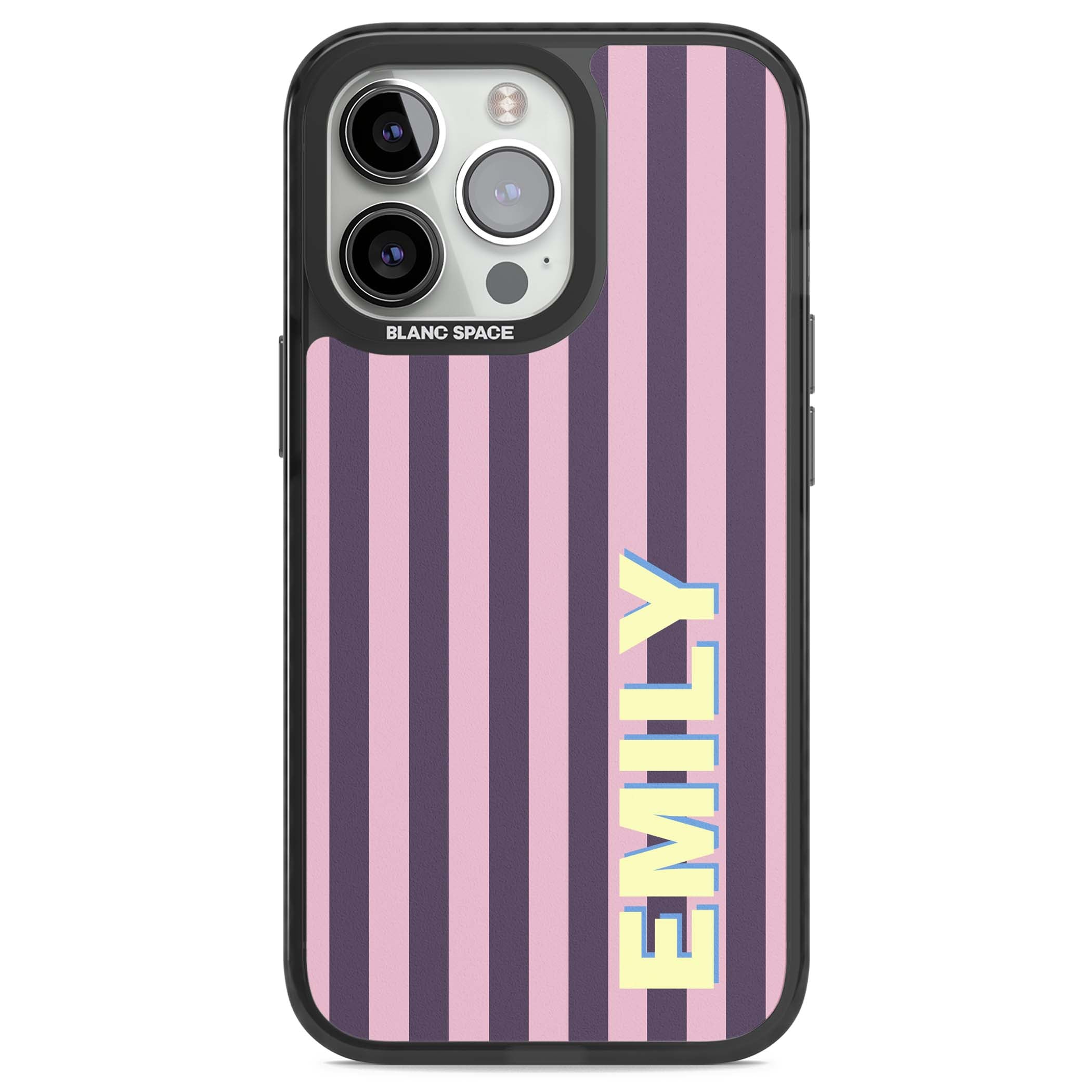 Tyre Stripe personalised stripe iPhone case with plum and pink vertical stripes and custom yellow name | Black Impact case for iPhone 13 Pro, iPhone 14 Pro, iPhone 15 Pro